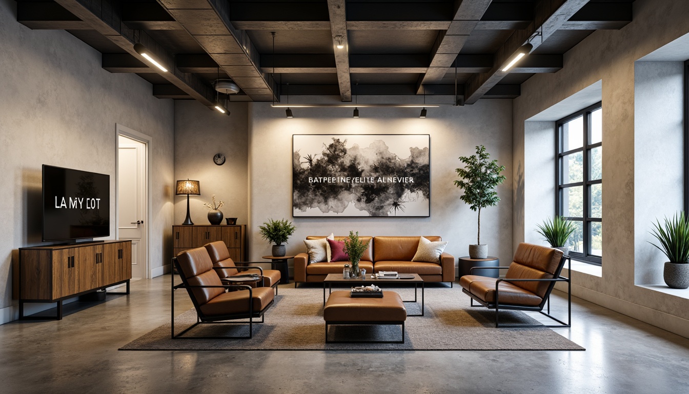 Prompt: Industrial-chic living room, minimalist decor, functional furniture, geometric shapes, tubular steel frames, leather upholstery, monochromatic color scheme, bold typography, abstract artwork, urban loft atmosphere, concrete floors, industrial windows, soft warm lighting, shallow depth of field, 1/1 composition, realistic textures, ambient occlusion.