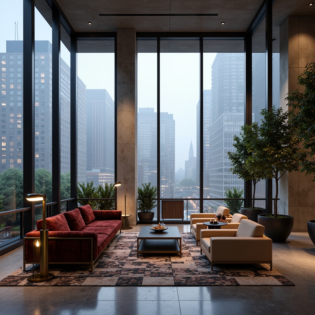 Prompt: Modern interior design, sleek glass accents, polished metal frames, luxurious velvet sofas, ambient LED lighting, minimalist coffee tables, geometric patterned rugs, floor-to-ceiling windows, urban cityscape views, soft natural light, shallow depth of field, 1/1 composition, realistic textures, subtle reflections, atmospheric misting.