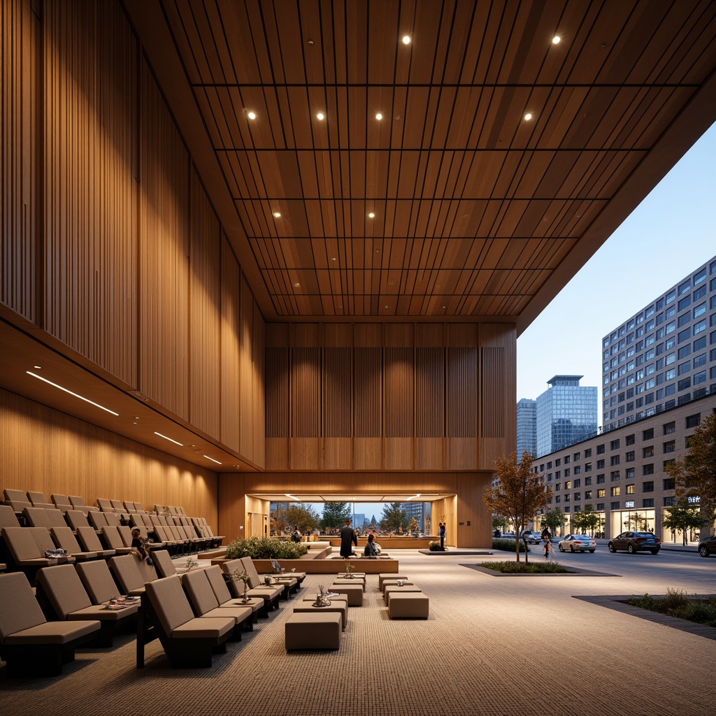 Prompt: Grand concert hall, wooden acoustic panels, sound-absorbing materials, minimalist interior design, modern architecture, high ceilings, large windows, natural light, urban cityscape, bustling streets, evening atmosphere, soft warm lighting, shallow depth of field, 1/1 composition, realistic textures, ambient occlusion, luxurious fabric upholstery, sleek metal accents, geometric patterns, subtle color palette, sophisticated ambiance.