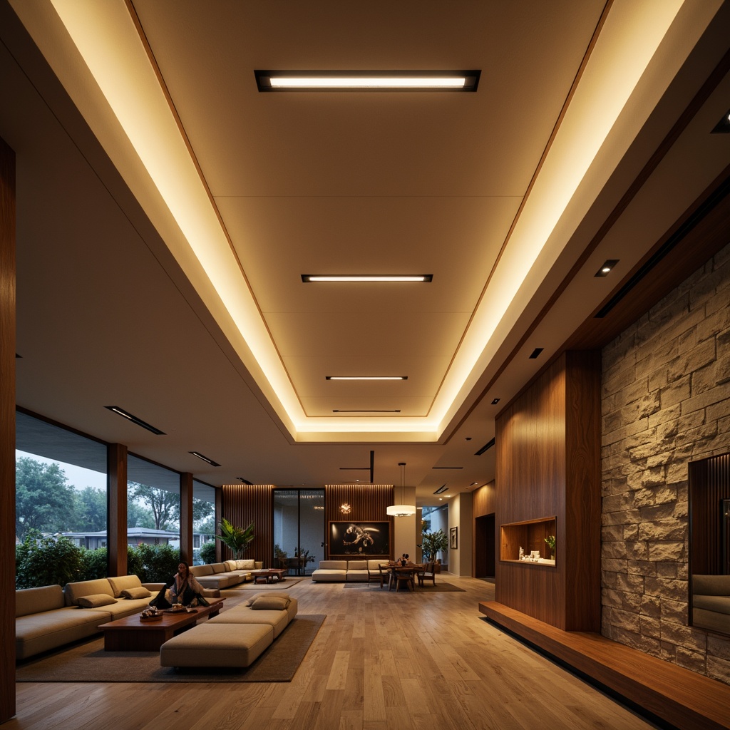 Prompt: Modern interior space, sleek ceiling fixtures, warm ambient lighting, soft diffused glow, LED strips, recessed downlights, pendant lamps, natural materials, wooden accents, stone walls, minimalist decor, calming atmosphere, soft shadows, 1/1 composition, shallow depth of field, realistic textures, ambient occlusion.