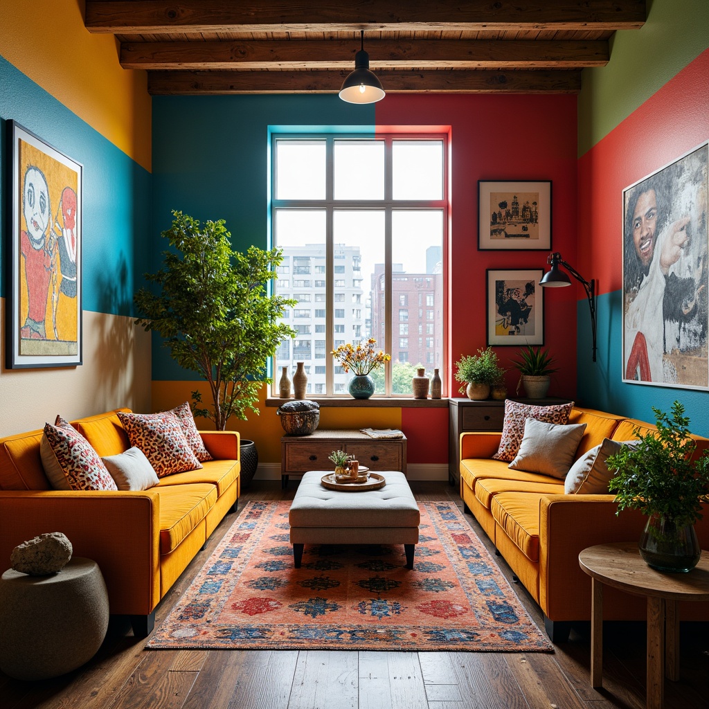 Prompt: Vibrant eclectic interior, bold colorful walls, eclectic furniture mix, abstract art pieces, geometric patterned rugs, textured throw pillows, industrial metal lighting, reclaimed wood accents, natural stone vases, potted greenery, floor-to-ceiling windows, urban cityscape views, warm afternoon sunlight, softbox lighting, shallow depth of field, 1/2 composition, realistic textures, ambient occlusion.