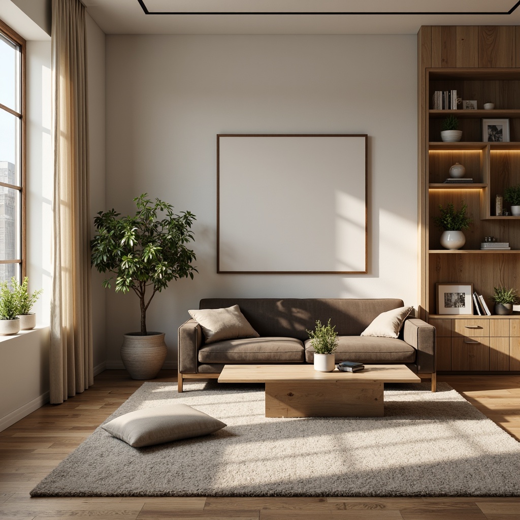 Prompt: Elegant living room, plush area rug, comfortable velvet sofa, minimalist coffee table, rustic wooden shelves, modern floor lamps, soft warm lighting, natural oak wood accents, creamy white walls, subtle beige curtains, ambient sounds, 1/1 composition, shallow depth of field, realistic textures.