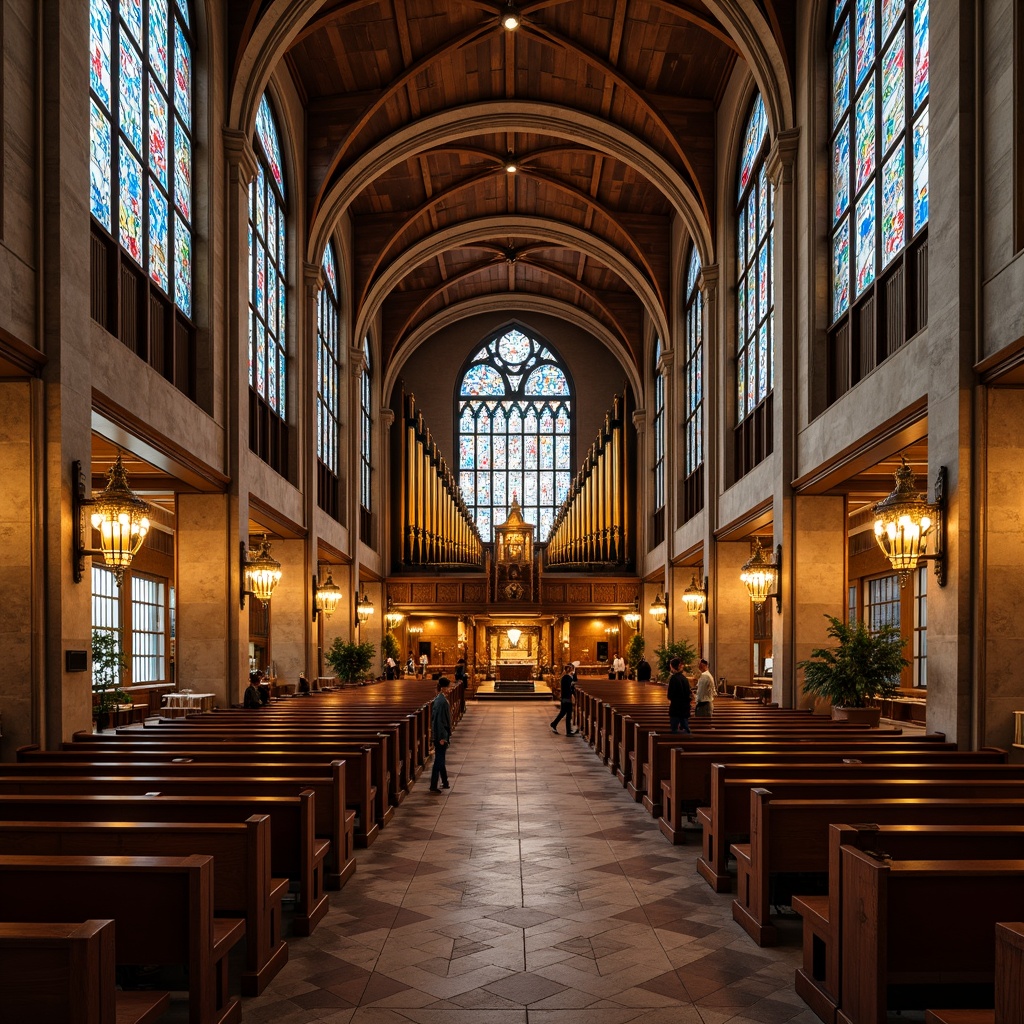 Prompt: Intricate stained glass windows, ornate wooden pews, grandiose pipe organs, lavish chandeliers, Art Deco geometric patterns, rich velvet fabrics, gilded altars, elaborate carvings, high ceilings, natural stone walls, subtle ambient lighting, warm golden tones, soft diffused shadows, 1/1 composition, symmetrical framing, realistic textures, ambient occlusion.