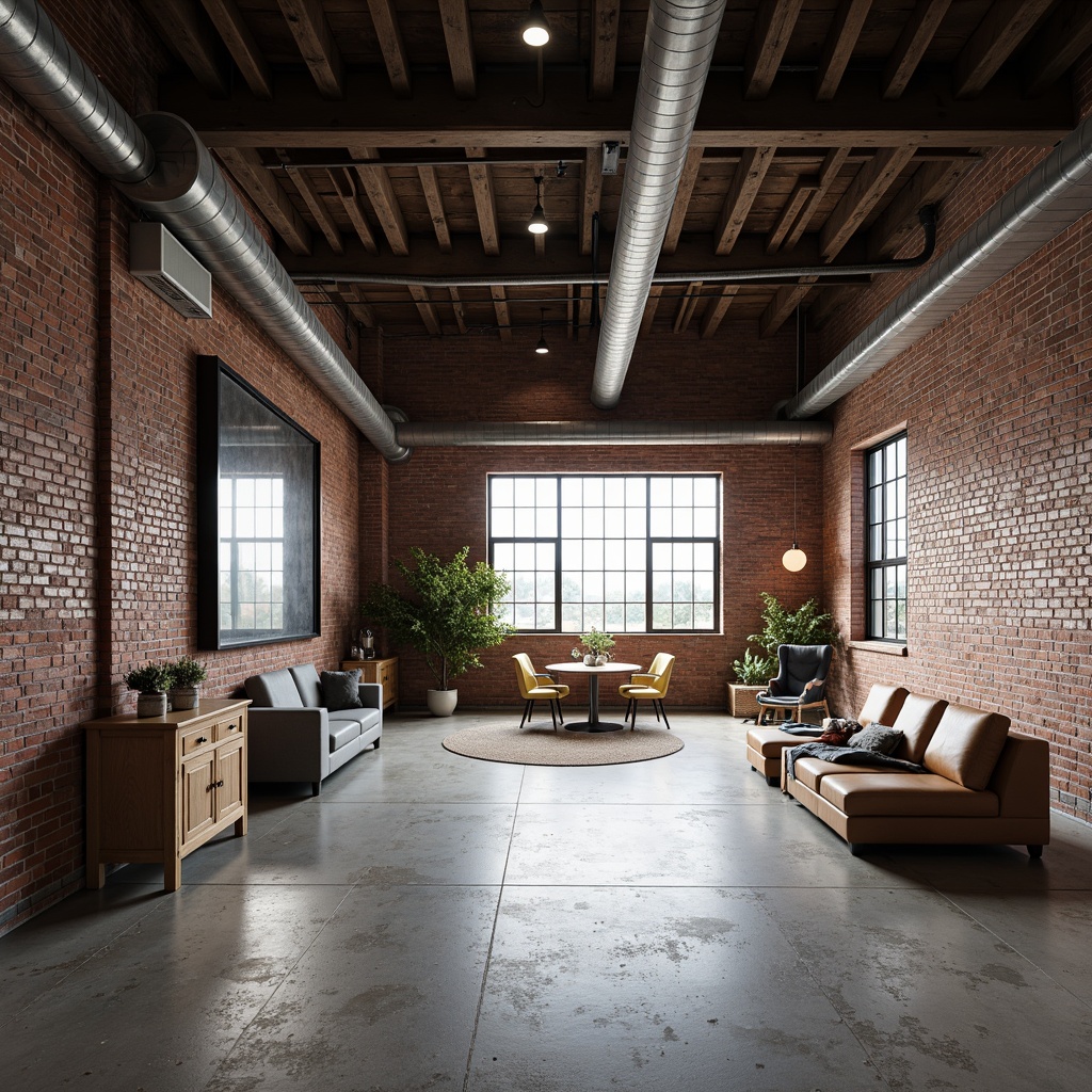 Prompt: Industrial-era factories, exposed brick walls, steel beams, polished concrete floors, minimalist decor, functional simplicity, raw industrial materials, bold color accents, geometric shapes, clean lines, rectangular forms, open floor plans, natural light pouring, high ceilings, urban landscape views, modernist architecture, avant-garde spirit, functional minimalism, emphasis on material honesty, brutalist influences.