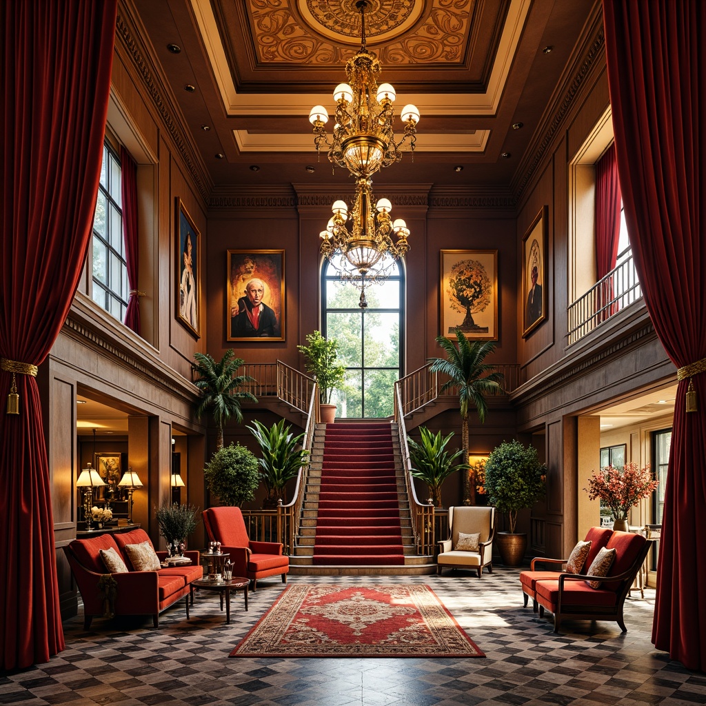 Prompt: Rich velvet fabrics, luxurious marble floors, ornate metal fixtures, lavish chandeliers, grand staircases, opulent furnishings, vibrant artwork, eclectic decorative accents, plush area rugs, warm ambient lighting, cozy fireplaces, intricate wood carvings, bespoke cabinetry, exotic natural materials, bold color schemes, whimsical patterns, oversized windows, dramatic drapery, elegant archways, lavish courtyard gardens, serene water features, warm golden lighting, shallow depth of field, 1/2 composition, cinematic atmosphere.