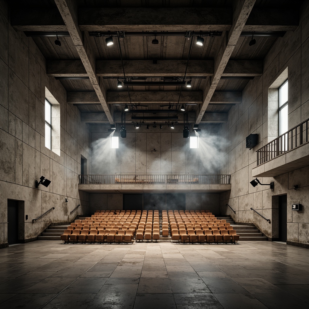 Prompt: Raw concrete walls, exposed ductwork, industrial metal beams, brutalist architecture, dramatic stage lighting, open-plan auditorium, minimalist seating, reclaimed wood accents, urban decay textures, distressed finishes, stark color palette, bold geometric shapes, dynamic spatial arrangement, 1/2 composition, high-contrast chiaroscuro lighting, atmospheric misting effects.