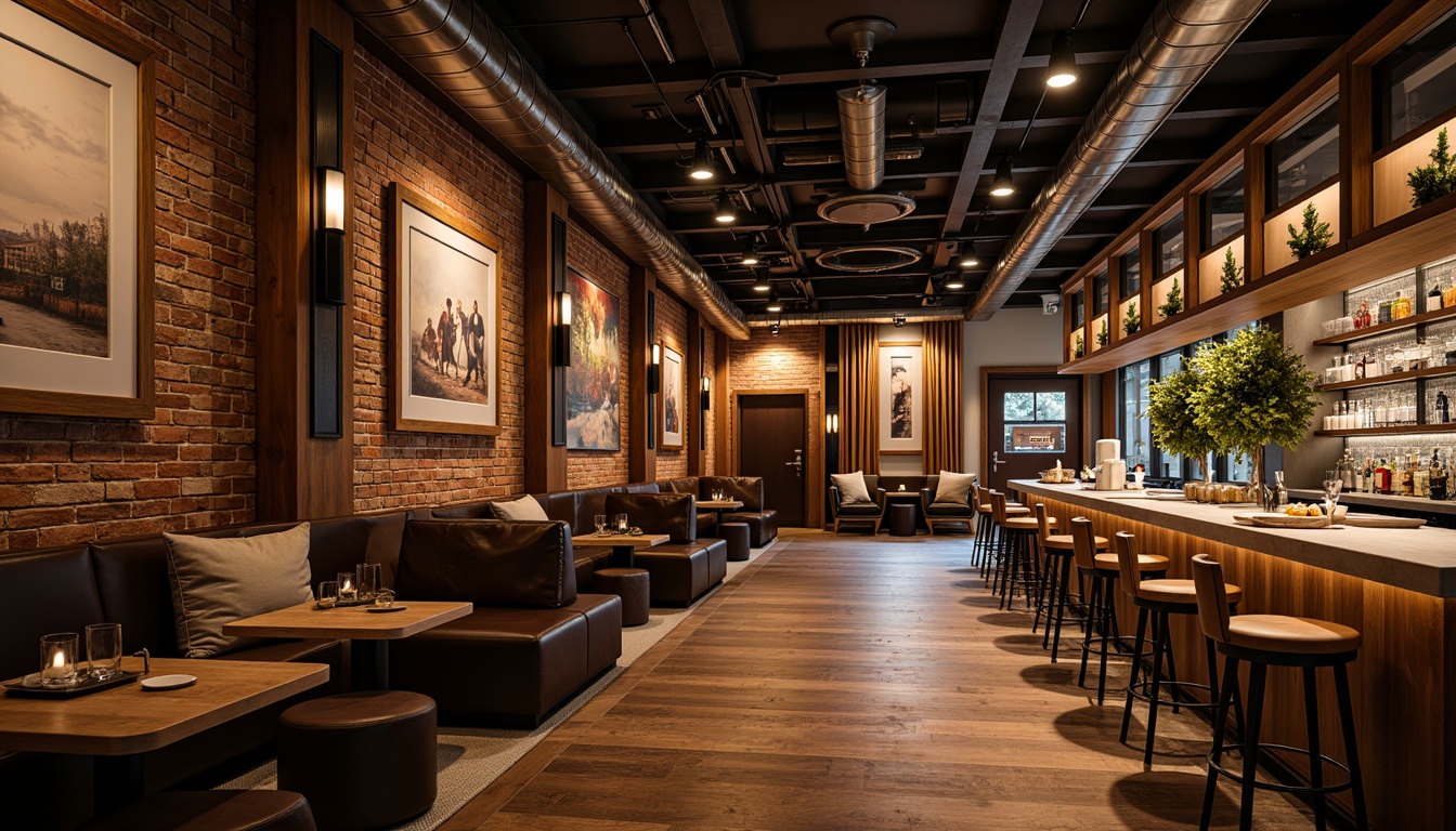 Prompt: Warm wooden accents, rich leather upholstery, metallic fixtures, rustic brick walls, reclaimed wood flooring, earthy color palette, dimmed warm lighting, cozy nooks, comfortable seating areas, vintage decorative items, industrial-chic exposed ductwork, modern minimalist bar design, sleek stainless steel countertops, ambient music, lively atmosphere, 1/2 composition, shallow depth of field, realistic textures, soft focus effect.