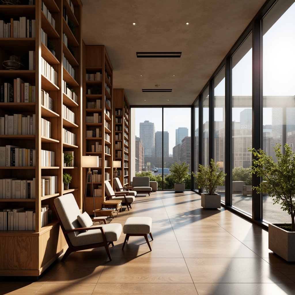 Prompt: Minimalist bookstore interior, soft warm lighting, elegant floor lamps, wooden bookshelves, neutral color palette, comfortable reading nooks, plush armchairs, subtle textures, natural materials, modern architecture, large windows, glass facades, urban cityscape, sunny afternoon, shallow depth of field, 1/1 composition, realistic rendering, ambient occlusion.