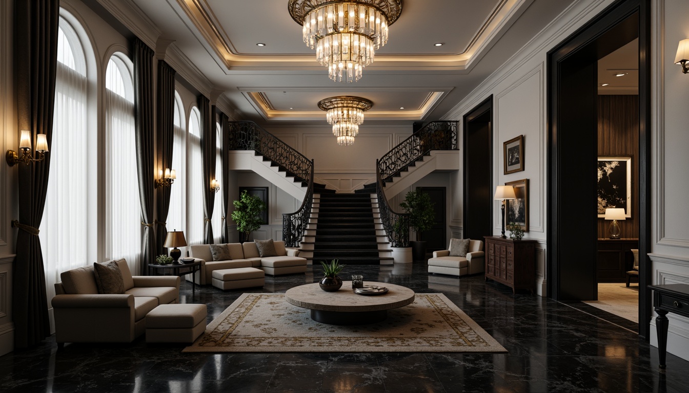 Prompt: Timeless luxury mansion, sophisticated monochrome color scheme, sleek black marble floors, grand staircases, opulent chandeliers, lavish furnishings, rich velvet drapes, ornate gold accents, elegant crown molding, refined minimalism, subtle texture contrasts, creamy white walls, dramatic dark wood paneling, mysterious ambient lighting, cinematic shadows, 1/1 composition, symmetrical framing, soft focus, atmospheric depth of field.