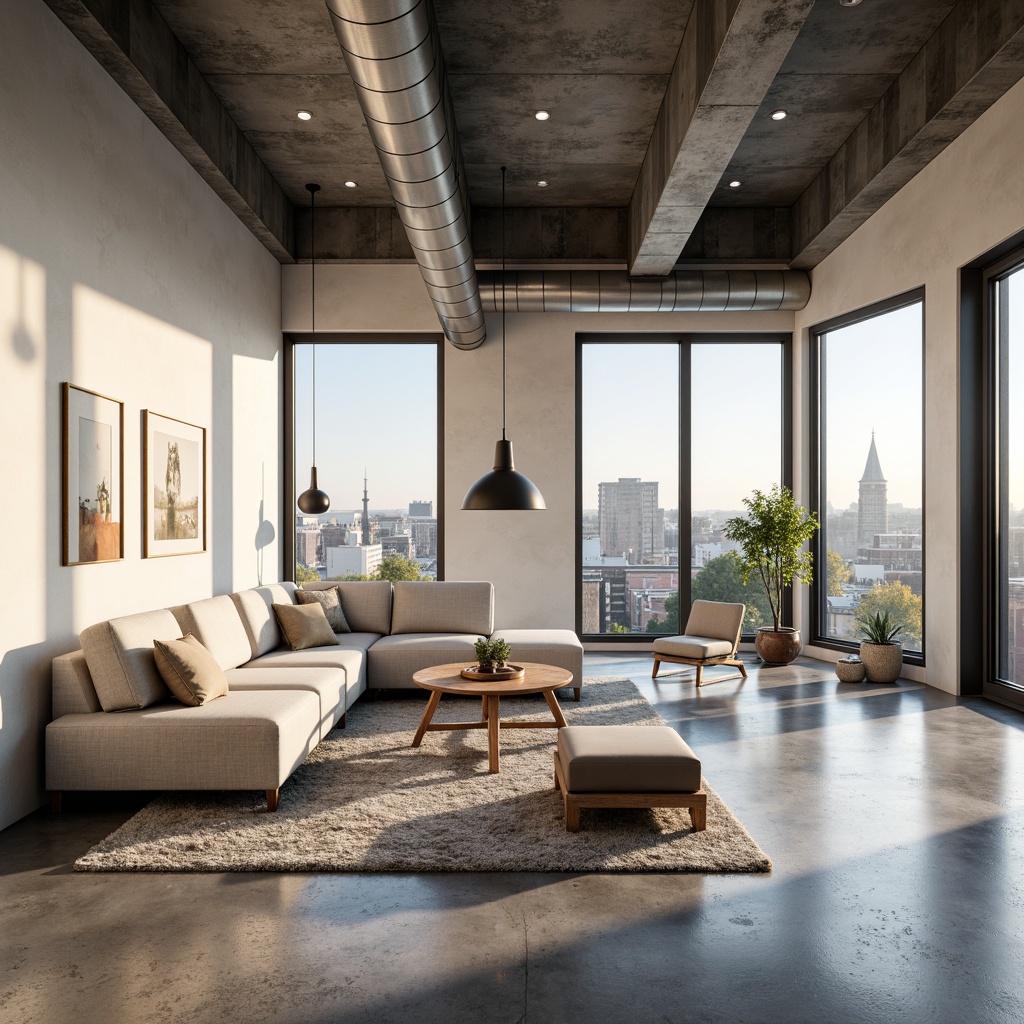 Prompt: Minimalist living room, open floor plan, large windows, natural light, industrial materials, exposed ductwork, polished concrete floors, geometric furniture, simple color palette, functional decor, urban loft atmosphere, modern Bauhaus style, clean lines, minimalist ornamentation, abundant natural light, airy feel, spaciousness, 1/1 composition, soft warm lighting, shallow depth of field.