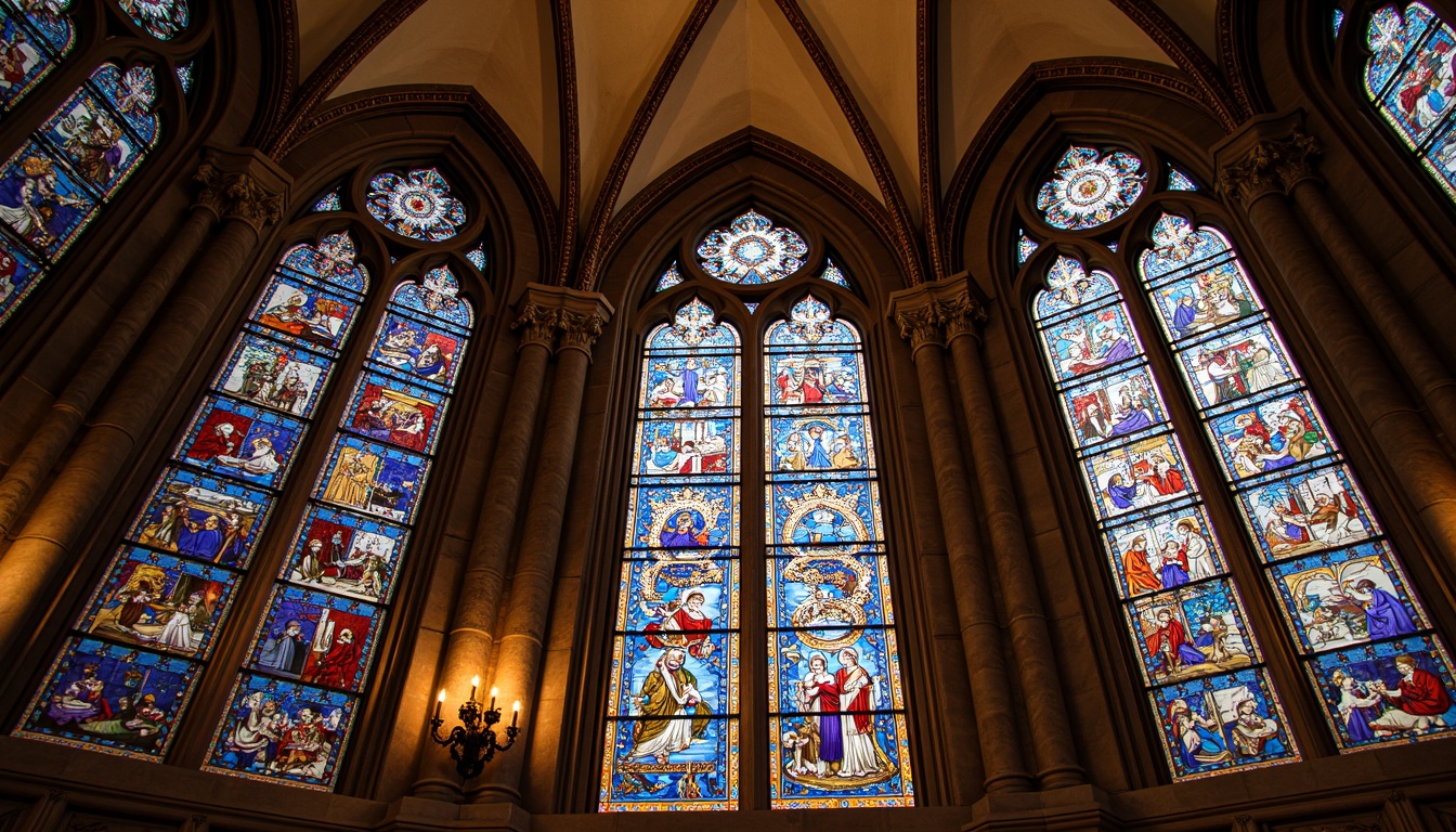 Prompt: Vibrant stained glass windows, ornate metal frames, geometric patterns, kaleidoscope colors, spiritual ambiance, grandiose cathedral architecture, intricate stone carvings, lavish golden details, ornamental facades, symmetrical compositions, soft warm lighting, shallow depth of field, 1/2 composition, dramatic focal point, realistic textures, ambient occlusion.