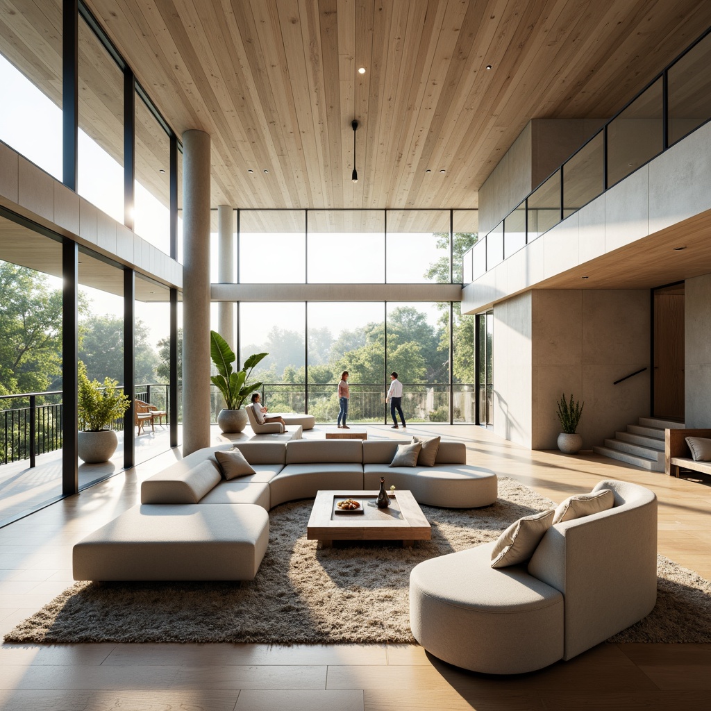 Prompt: Modern living room, sleek minimalist furniture, spacious open layout, maximum flow, curved sofas, low-profile coffee tables, floor-to-ceiling windows, natural light pouring in, airy atmosphere, polished wood floors, soft warm lighting, 1/1 composition, shallow depth of field, realistic textures, ambient occlusion.