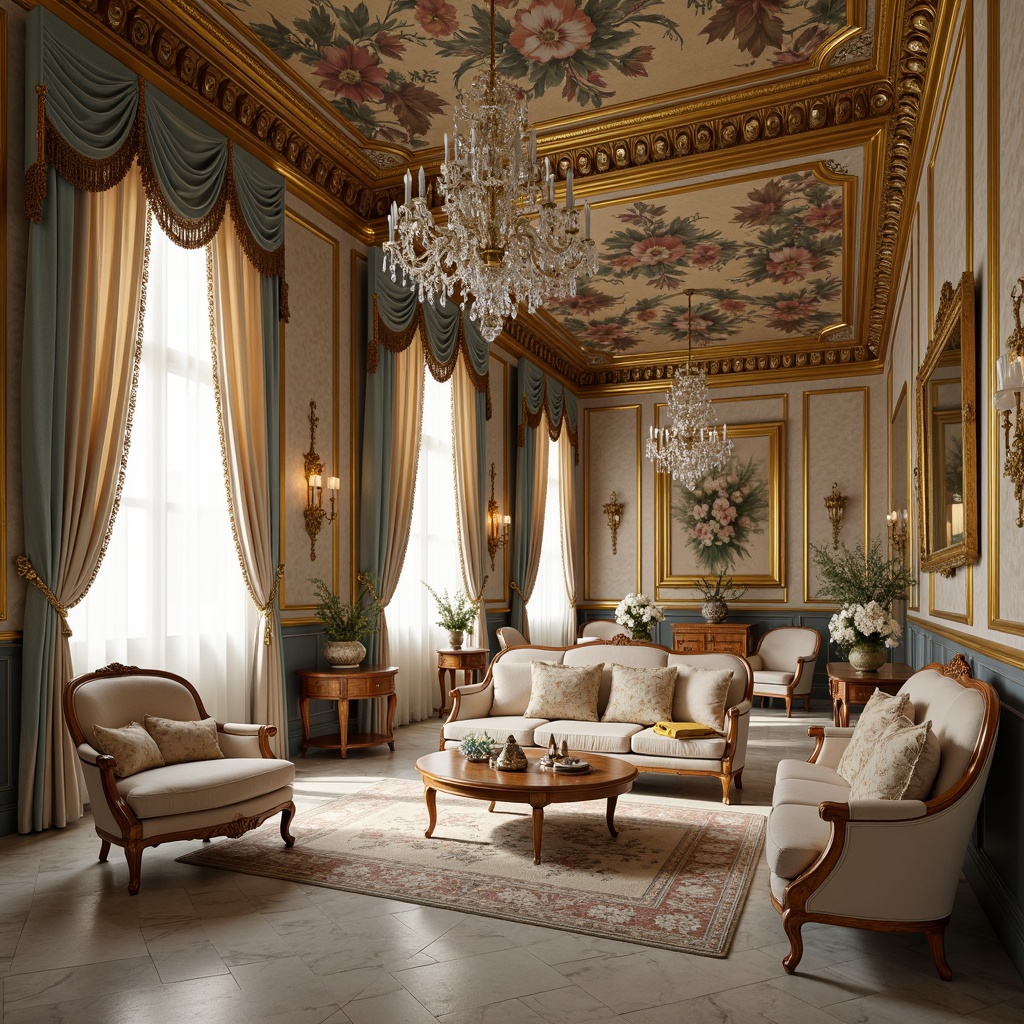 Prompt: Opulent palace interior, ornate golden frames, lavish silk fabrics, intricately embroidered upholstery, velvet drapes, tassel-adorned pillows, delicate lace trim, soft pastel hues, Rococo-inspired furniture, curved lines, shell-shaped motifs, floral patterns, luxurious marble floors, crystal chandeliers, warm candlelight, 1/1 composition, shallow depth of field, realistic textures, ambient occlusion.