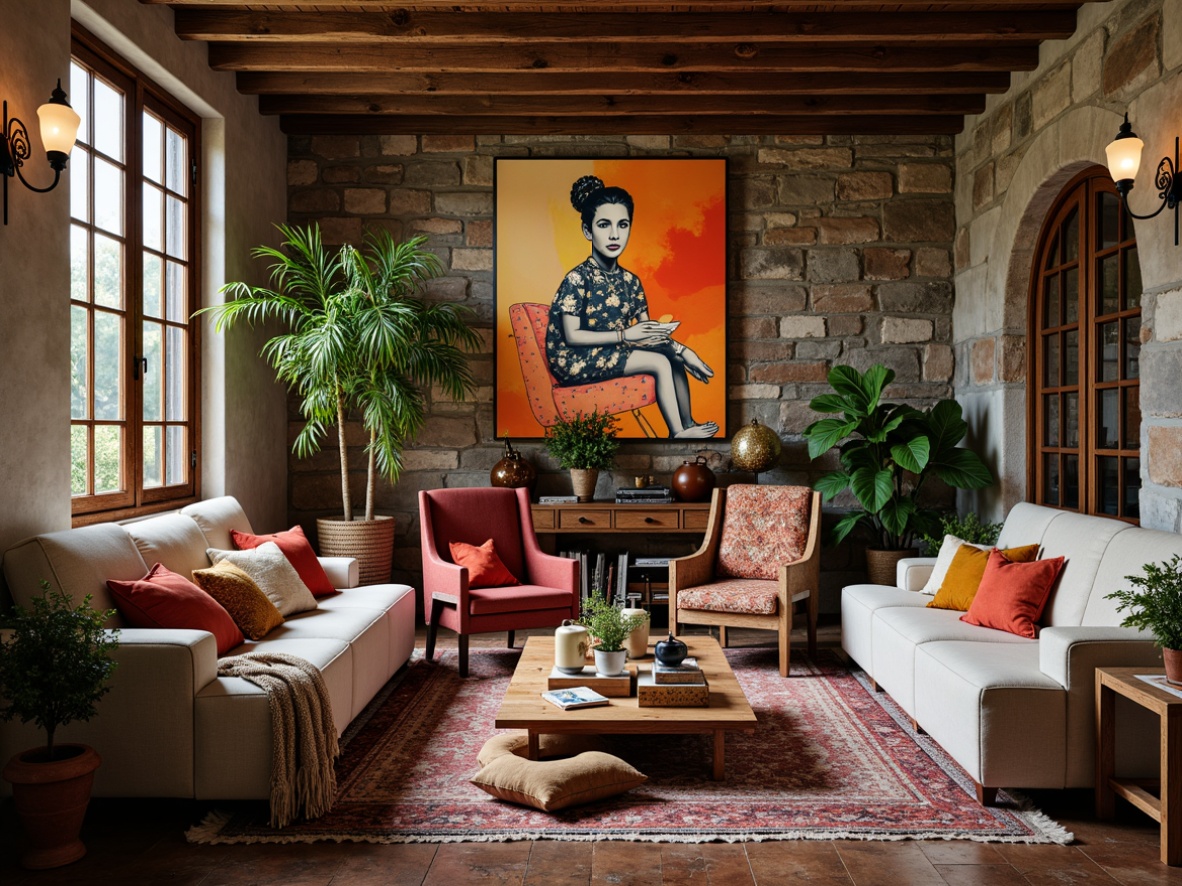 Prompt: Vibrant eclectic interior, abstract expressionist artwork, bold color palette, mixed media pieces, textured fabrics, reclaimed wood accents, industrial metal frames, distressed finishes, cozy reading nooks, plush throw pillows, Moroccan-inspired tiles, bohemian-chic decor, statement lighting fixtures, oversized furniture, lush greenery, natural stone walls, warm ambient glow, soft focus, 1/2 composition, intimate atmosphere.