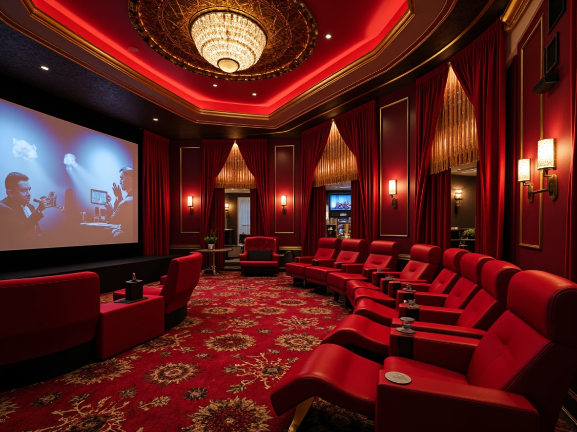 Prompt: Luxurious cinema interior, rich velvet drapes, deep crimson walls, gold accents, ornate moldings, plush reclining seats, soft warm lighting, cinematic LED screens, 3D audio systems, dramatic spotlights, bold geometric patterns, vibrant red carpets, luxurious lounges, grand chandeliers, opulent furnishings, sophisticated ambiance, intimate screening rooms, state-of-the-art sound design.