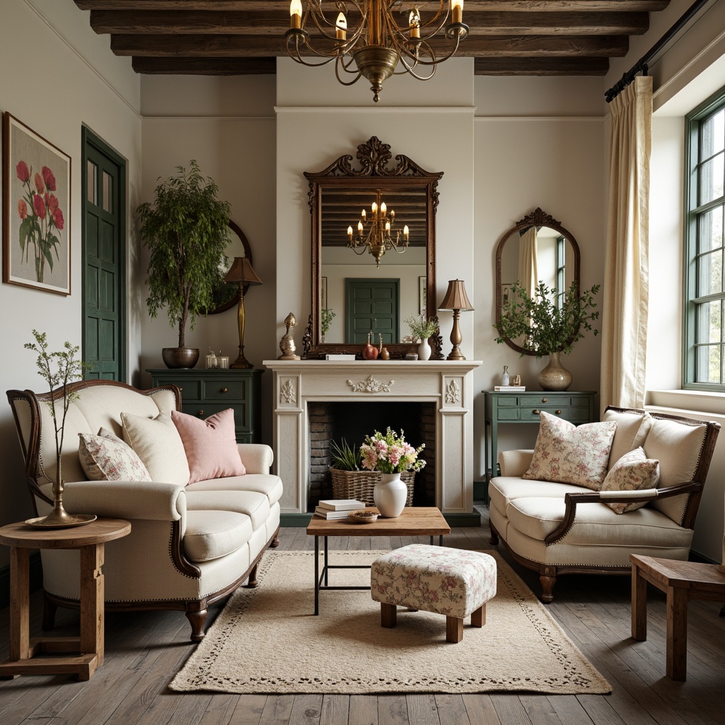 Prompt: Distressed wooden furniture, soft pastel colors, vintage accessories, lace fabrics, floral patterns, rustic metal accents, distressed finishes, ornate mirrors, antique hardware, feminine touches, elegant chandeliers, natural textiles, worn leather upholstery, subtle sparkle, warm candlelight, shallow depth of field, 1/1 composition, romantic ambiance.