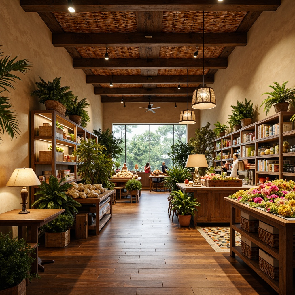 Prompt: Tropical style grocery store interior, warm and inviting atmosphere, soft warm lighting, indirect overhead lighting, pendant lamps with natural linen shades, table lamps with woven rattan details, subtle floor lamp illumination, warm beige walls, polished wooden flooring, rustic wooden shelving units, lush greenery, potted palm trees, exotic flower arrangements, colorful ceramic tiles, decorative wicker baskets, woven bamboo ceiling panels, airy open space, natural stone accent walls, earthy color palette, relaxed and casual ambiance, shallow depth of field, 1/2 composition, warm and cozy textures.