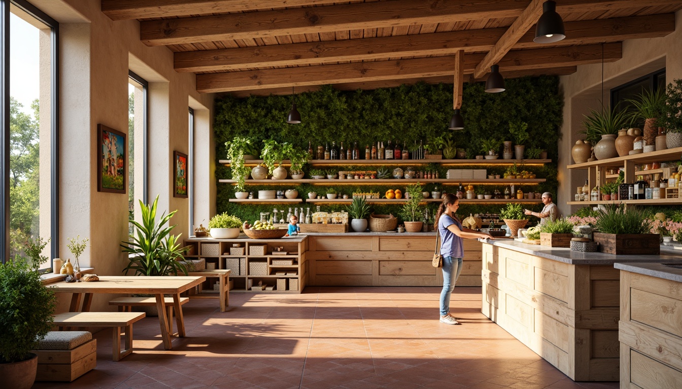 Prompt: Warm beige walls, rich wood accents, fresh greenery, vibrant produce displays, modern sleek shelving, earthy terracotta floors, natural stone countertops, soft warm lighting, cozy seating areas, rustic wooden crates, woven baskets, decorative ceramic vases, lively colorful signage, 3/4 composition, shallow depth of field, realistic textures, ambient occlusion.