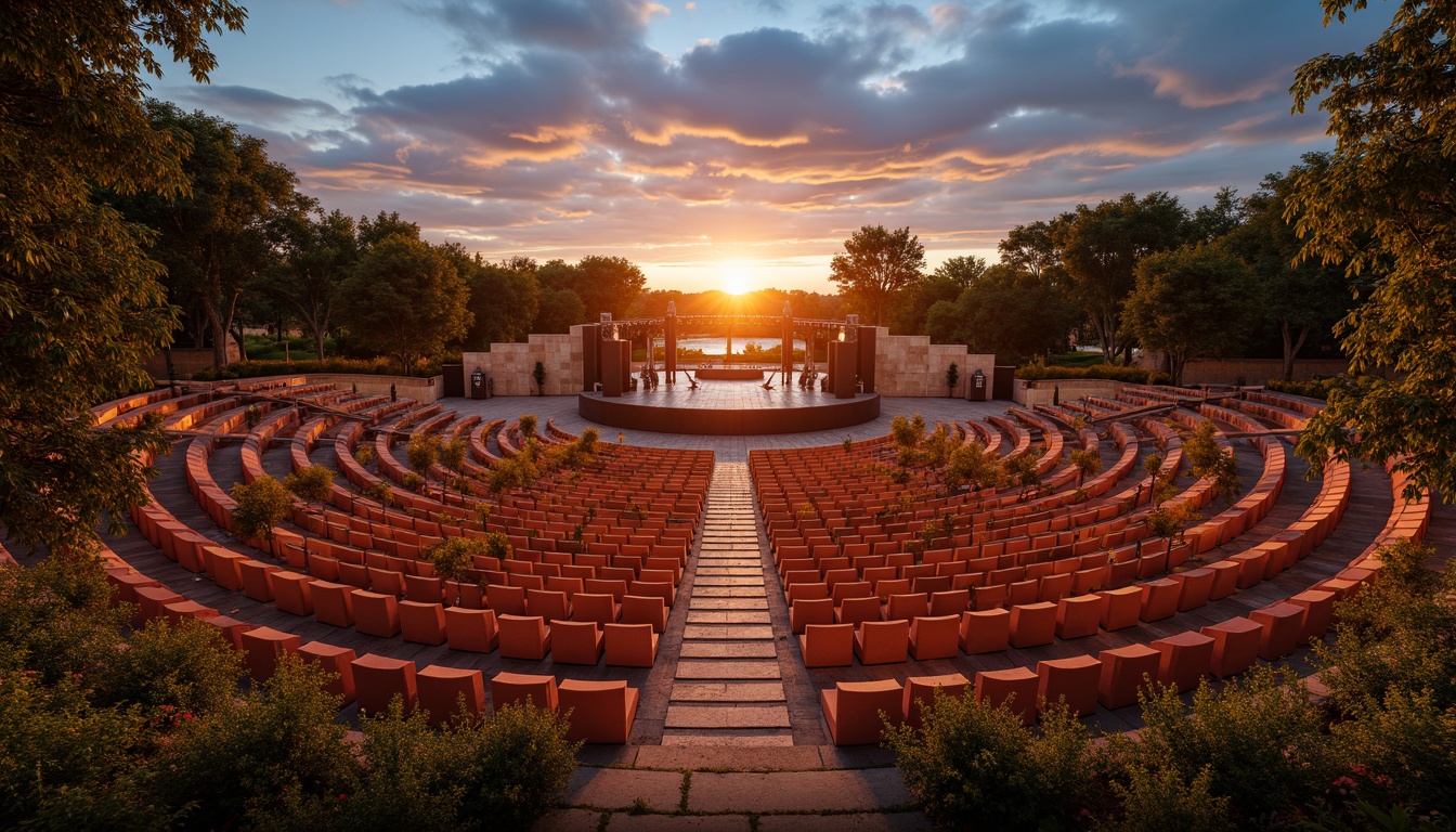 Prompt: Vibrant amphitheater, bold stage lights, warm sunset hues, earthy terracotta seats, lush greenery surroundings, natural stone walls, modern metallic accents, dynamic sound systems, evening twilight ambiance, soft golden lighting, shallow depth of field, 1/2 composition, cinematic view, realistic textures, ambient occlusion.