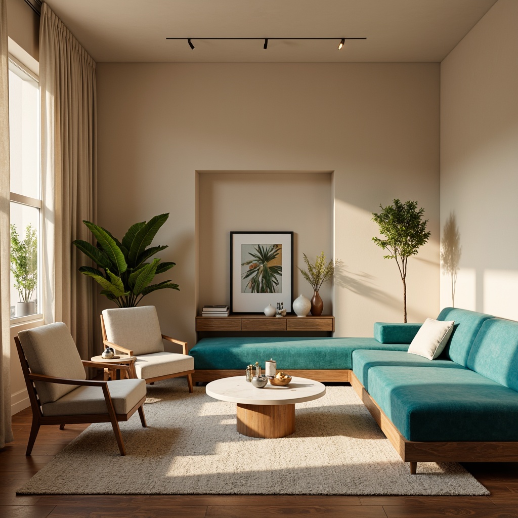 Prompt: Harmonious living room, soothing beige walls, rich walnut wood furniture, plush velvet sofas, vibrant turquoise accents, creamy white marble countertops, natural linen curtains, warm golden lighting, soft shadows, cozy reading nook, minimal ornamentation, balanced composition, 1/1 aspect ratio, gentle color gradation, realistic textures, ambient occlusion.