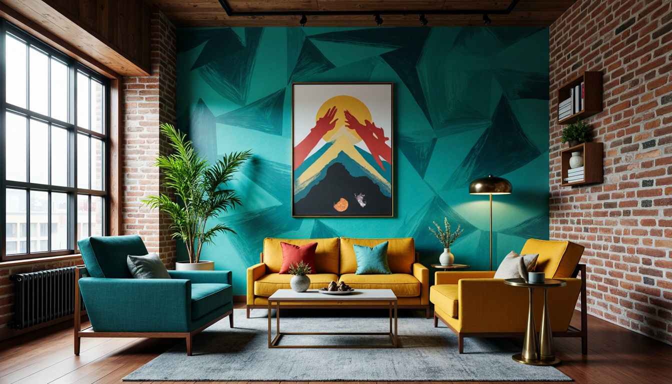 Prompt: Vibrant accent walls, bold geometric patterns, rich turquoise hues, metallic gold finishes, sleek modern furniture, urban loft setting, industrial chic decor, exposed brick walls, reclaimed wood flooring, eclectic decorative accents, dramatic lighting fixtures, abstract artwork, moody atmospheric colors, 1/2 composition, high contrast ratio, cinematic color grading.