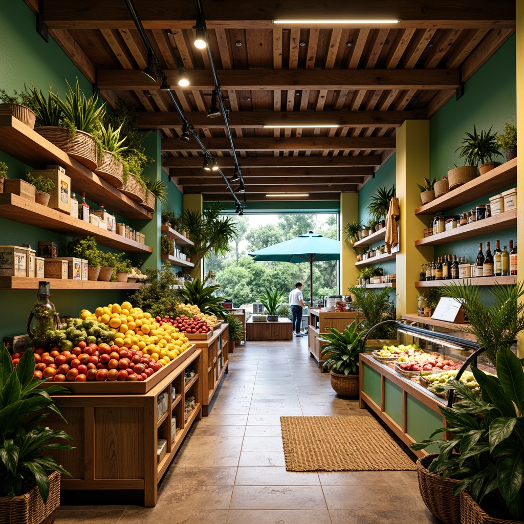 Prompt: Vibrant tropical grocery store, natural wood accents, woven rattan baskets, colorful ceramic tiles, lush green walls, exotic plants, reclaimed wood shelves, rustic metal fixtures, earthy tone flooring, ambient warm lighting, shallow depth of field, 3/4 composition, panoramic view, realistic textures, innovative shelving systems, adjustable modular units, sleek glass display cases, modern minimalist design, eclectic decorative accents, woven fiber textiles, natural fiber rugs, tropical fruit displays, aromatic spice racks, refreshing misting system.