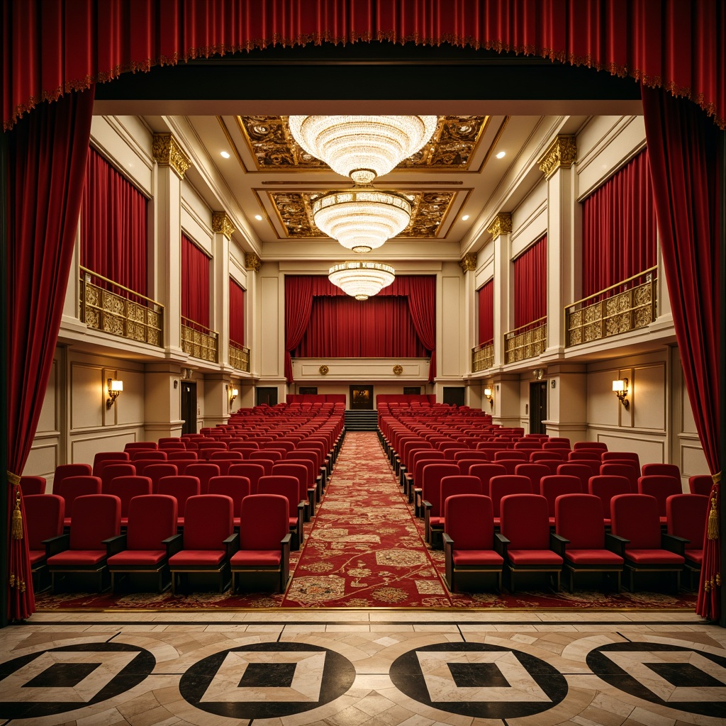 Prompt: Luxurious art deco auditorium, rich velvet curtains, ornate golden details, majestic chandeliers, geometric patterned carpets, bold black and gold accents, creamy white walls, lavish red seats, opulent marble floors, dramatic spotlighting, warm golden lighting, shallow depth of field, 1/2 composition, cinematic atmosphere, realistic reflections, intricate textures.Please let me know if this meets your requirements!