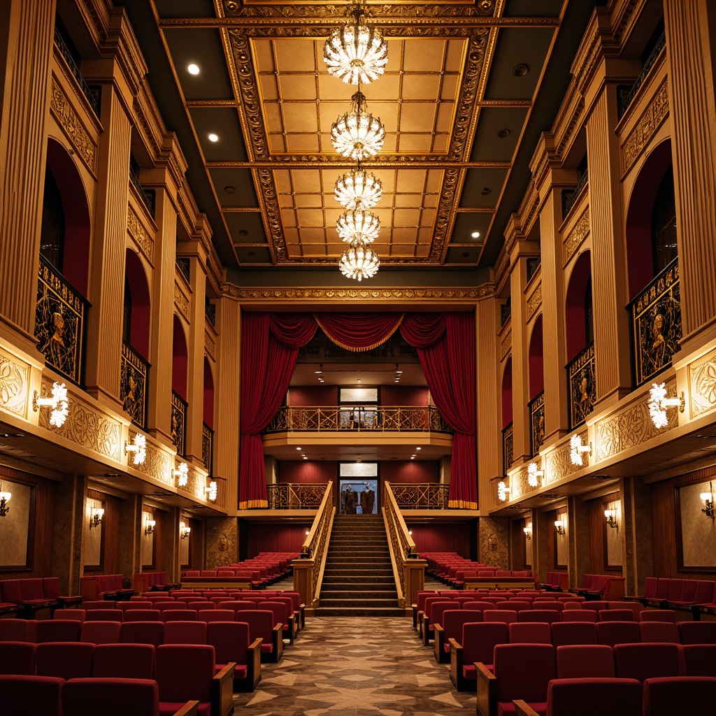 Prompt: Luxurious auditorium, ornate details, Art Deco style, gilded accents, intricate moldings, geometric patterns, sunburst motifs, ornate chandeliers, crimson red velvet curtains, golden balcony railings, polished marble floors, grand staircase, opulent furnishings, lavish decorations, warm ambient lighting, shallow depth of field, 1/2 composition, dramatic shadows, realistic textures.