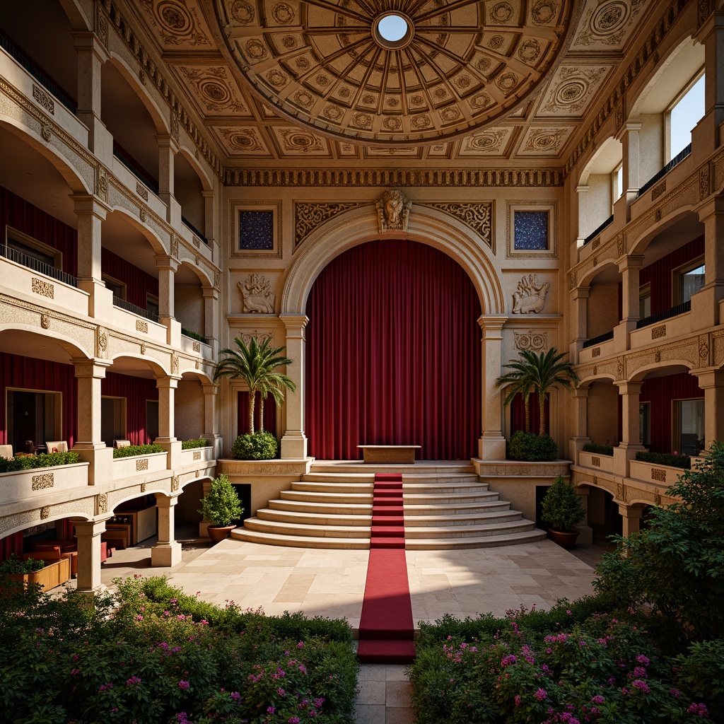 Prompt: Grand amphitheater, ornate stone carvings, intricate mosaic patterns, curved tiered seating, majestic archways, columned fa\u00e7ade, luxurious velvet drapes, golden accents, regal red carpeting, dramatic spotlights, warm ambient glow, shallow depth of field, 3/4 composition, symmetrical architecture, rustic natural surroundings, lush greenery, blooming flowers, sunny day, soft warm lighting.