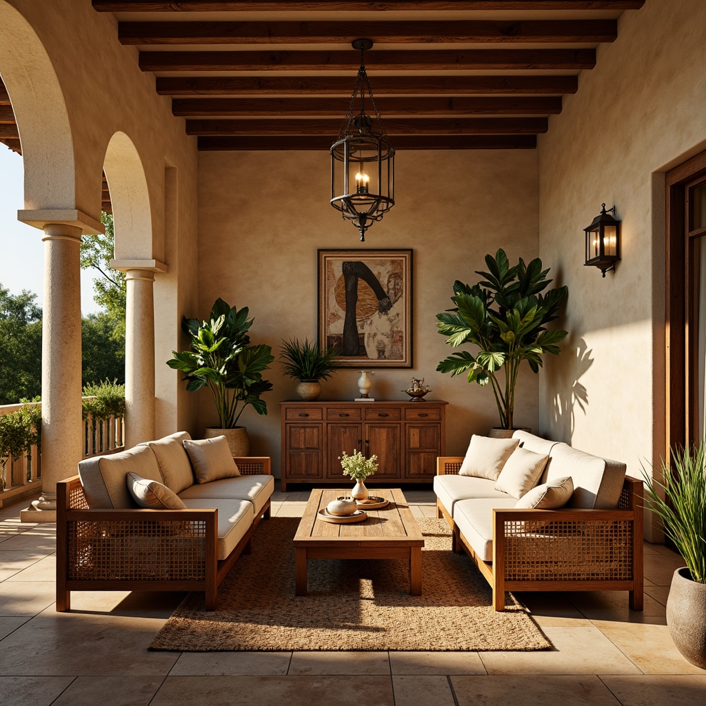 Prompt: Cozy Mediterranean villa, warm beige walls, rustic wooden accents, plush velvet sofas, ornate metal lanterns, natural stone floors, woven wicker chairs, distressed wood coffee tables, vintage ceramic vases, lush green potted plants, soft golden lighting, shallow depth of field, 1/1 composition, intimate atmosphere, realistic textures, ambient occlusion.