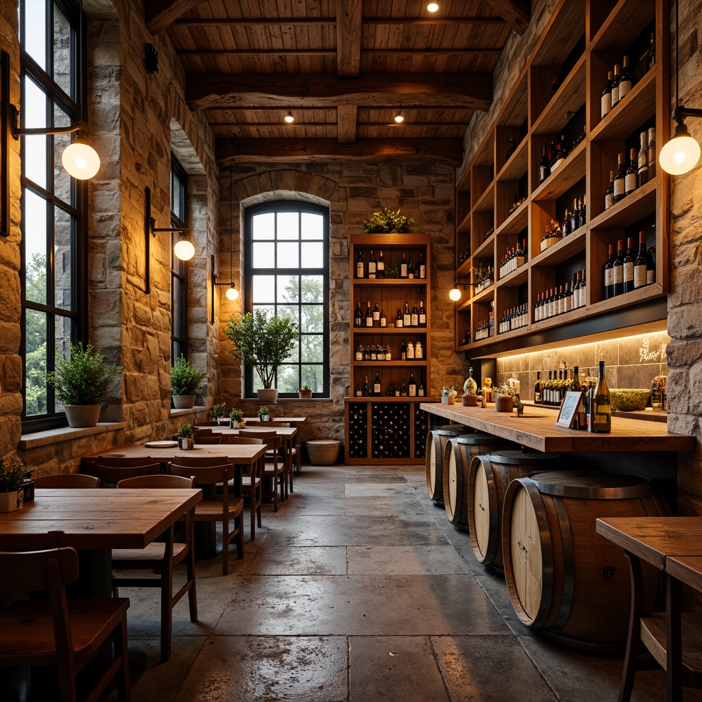 Prompt: Eccentric wine cellar, reclaimed wood shelving, vintage wine barrels, distressed stone walls, rustic metal accents, warm ambient lighting, pendant lamps, Edison bulb fixtures, candlelit niches, floor-to-ceiling windows, natural stone flooring, rich wood tones, cozy nooks, intimate seating areas, soft golden lighting, dramatic shadows, 1/2 composition, high contrast ratio, atmospheric rendering.