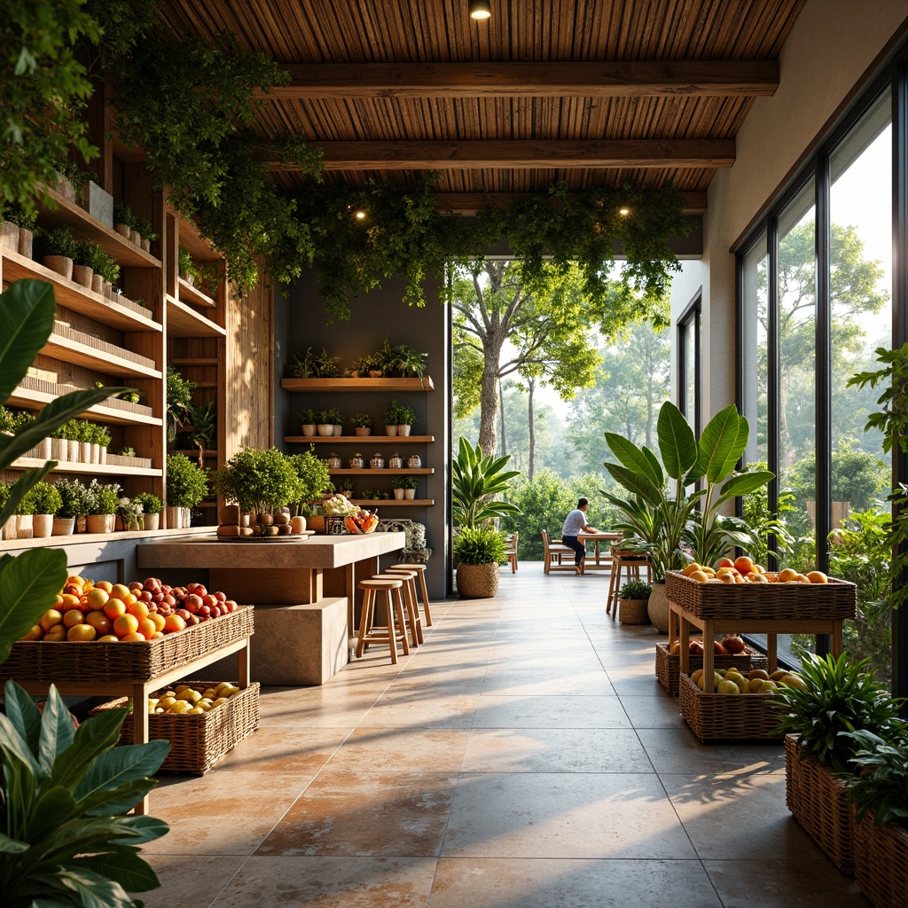 Prompt: Vibrant tropical grocery store, lush greenery, natural wood shelves, woven rattan baskets, colorful ceramic tiles, exotic fruit stands, wooden crates, woven fiber textiles, earthy tone walls, modern minimalist lighting, airy open layout, floor-to-ceiling windows, sliding glass doors, warm soft lighting, shallow depth of field, 3/4 composition, panoramic view, realistic textures, ambient occlusion.