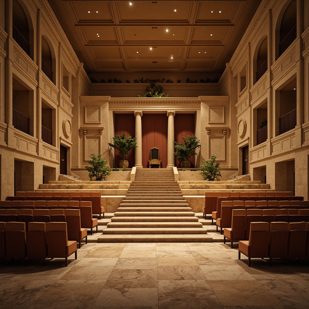 Prompt: Elegant amphitheater, neoclassical architecture, ornate columns, grand staircase, polished marble floors, acoustic panels, sound-absorbing materials, tiered seating, intimate performance space, warm golden lighting, soft ambient shadows, subtle arches, refined details, precise geometry, symmetrical composition, 1/2 frame ratio, shallow depth of field, gentle natural light, subtle color palette.