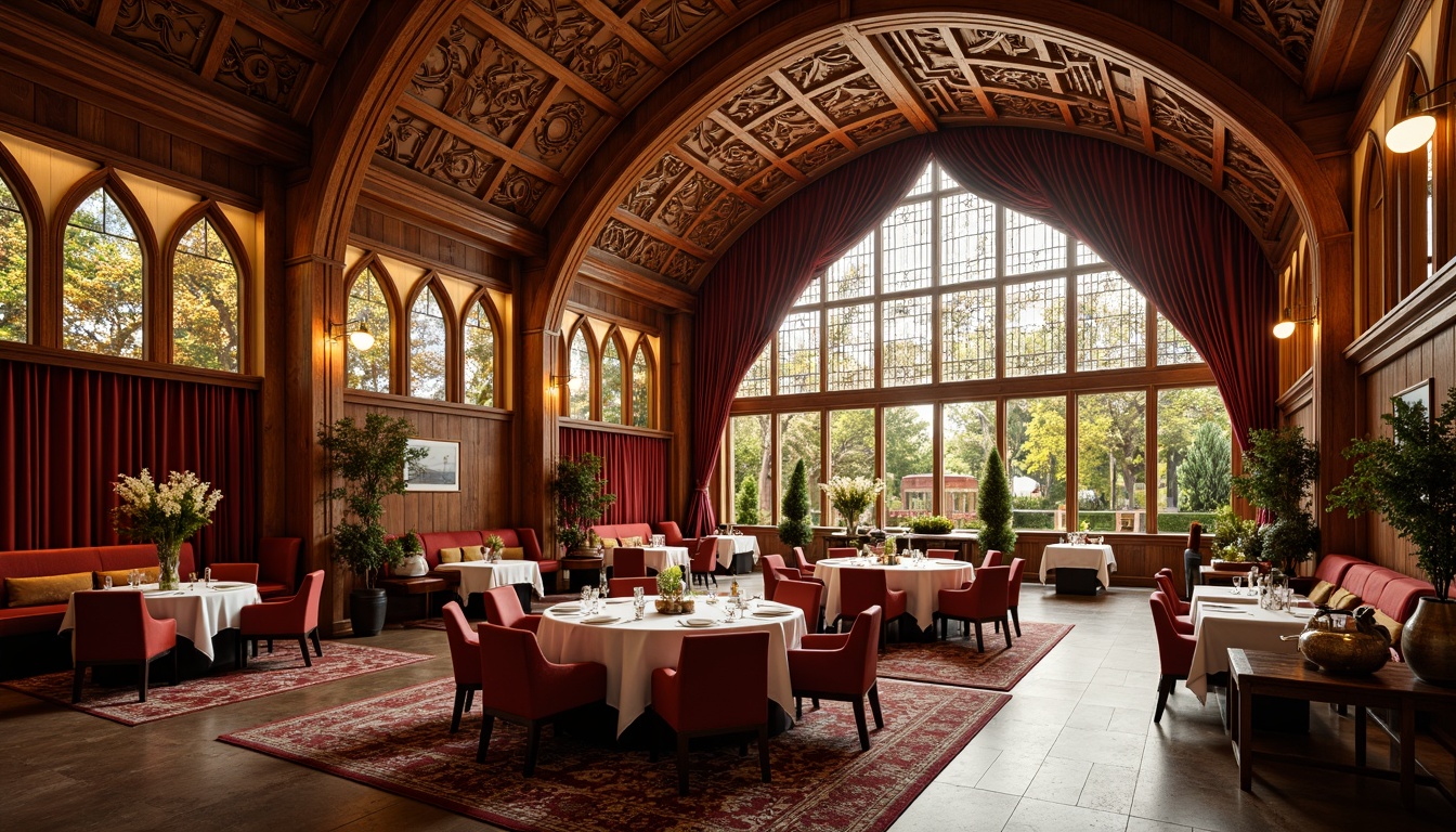 Prompt: Opulent dining hall, intricately carved wooden panels, sinuous lines, flowing organic shapes, stained glass windows, warm golden lighting, luxurious velvet drapes, ornate metalwork, curved furniture silhouettes, botanical motifs, richly patterned rugs, polished marble floors, grand chandeliers, dramatic archways, asymmetrical compositions, warm earthy tones, soft focus, shallow depth of field, 2/3 composition, ornate details, realistic textures.