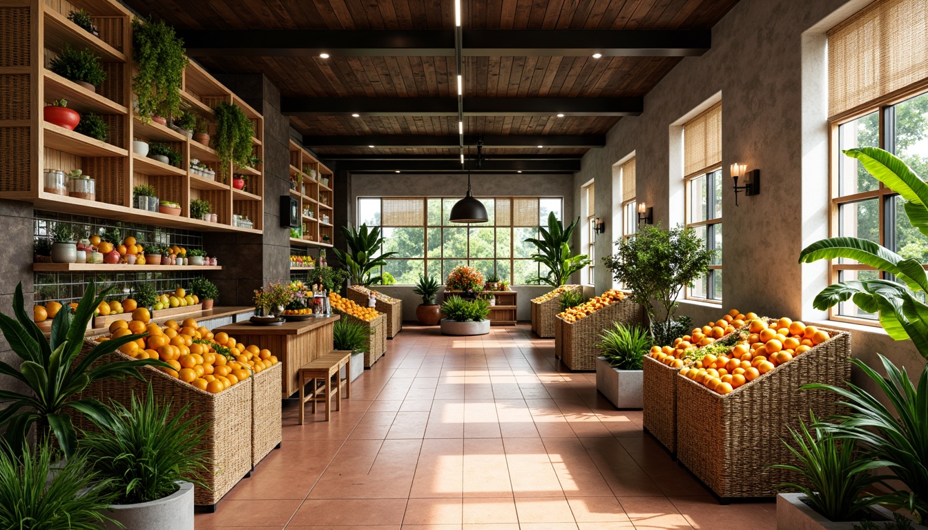 Prompt: Vibrant tropical fruit stands, natural woven rattan shelves, reclaimed wooden accents, earthy terracotta tiles, lush green walls, exotic potted plants, colorful ceramic vases, modern LED lighting, sleek glass displays, minimalist metal frames, industrial chic decor, open concept layout, abundant natural light, warm sunny ambiance, 1/1 composition, shallow depth of field, realistic textures, ambient occlusion.