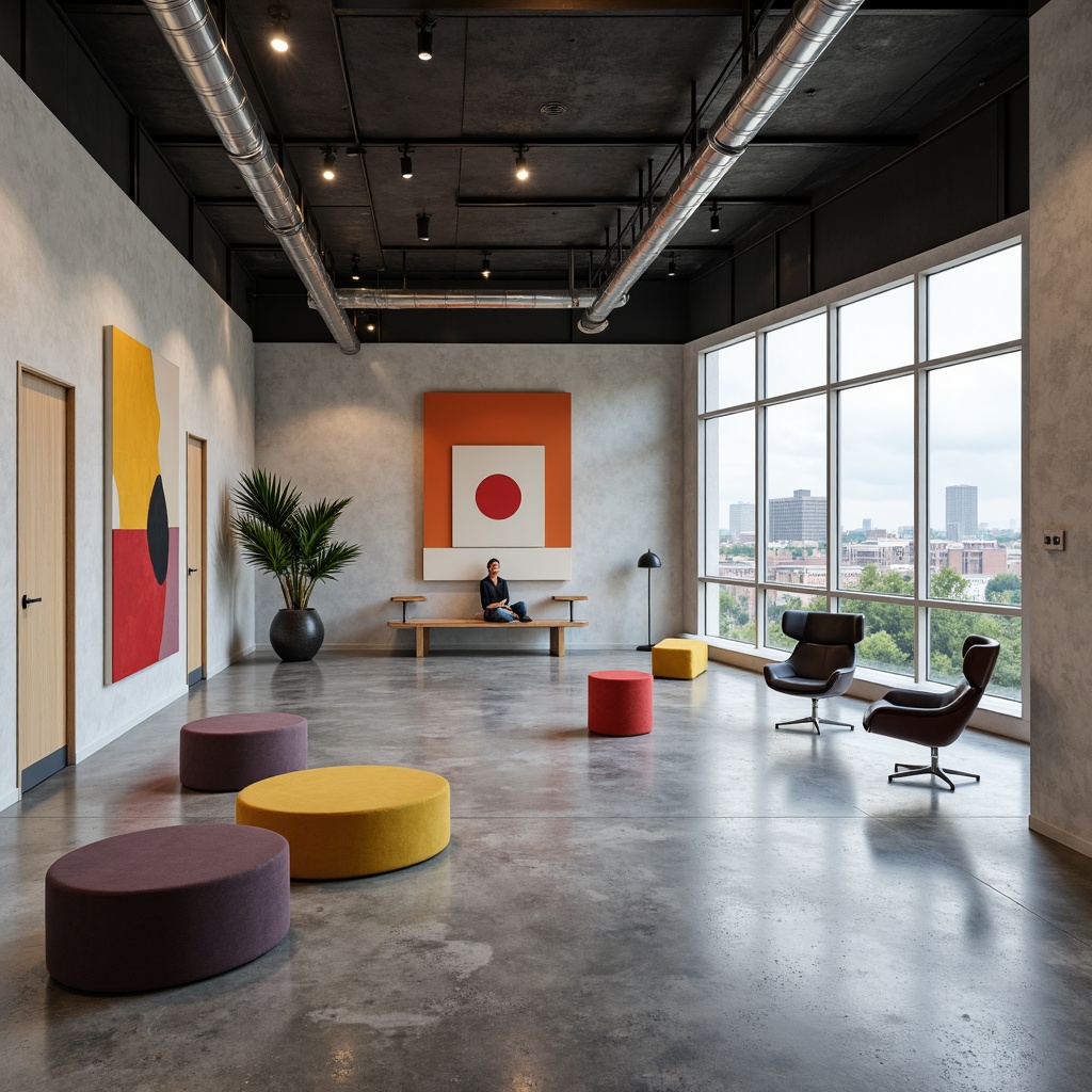 Prompt: Minimalist studio, industrial materials, exposed ductwork, polished concrete floors, geometric shapes, triangular forms, circular motifs, rectangular prisms, bold color blocks, primary color palette, functional furniture, tubular steel chairs, adjustable lamps, abstract artwork, urban cityscape views, cloudy skies, soft diffused lighting, high contrast ratios, 1/1 composition, symmetrical framing, clean lines, modernist architecture, brutalist elements, industrial heritage, artistic experimentation.