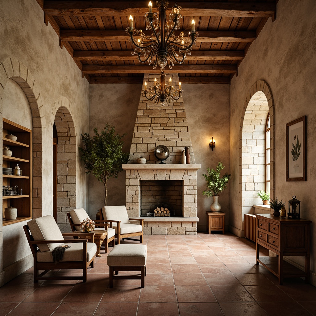 Prompt: Rustic stone walls, distressed wood paneling, soft cream-colored plaster, ornate wooden beams, vintage metal accents, distressed brick veneer, earthy terracotta flooring, natural limestone archways, elegant crystal chandeliers, warm golden lighting, cozy candlelit ambiance, shallow depth of field, 1/1 composition, realistic textures, ambient occlusion.