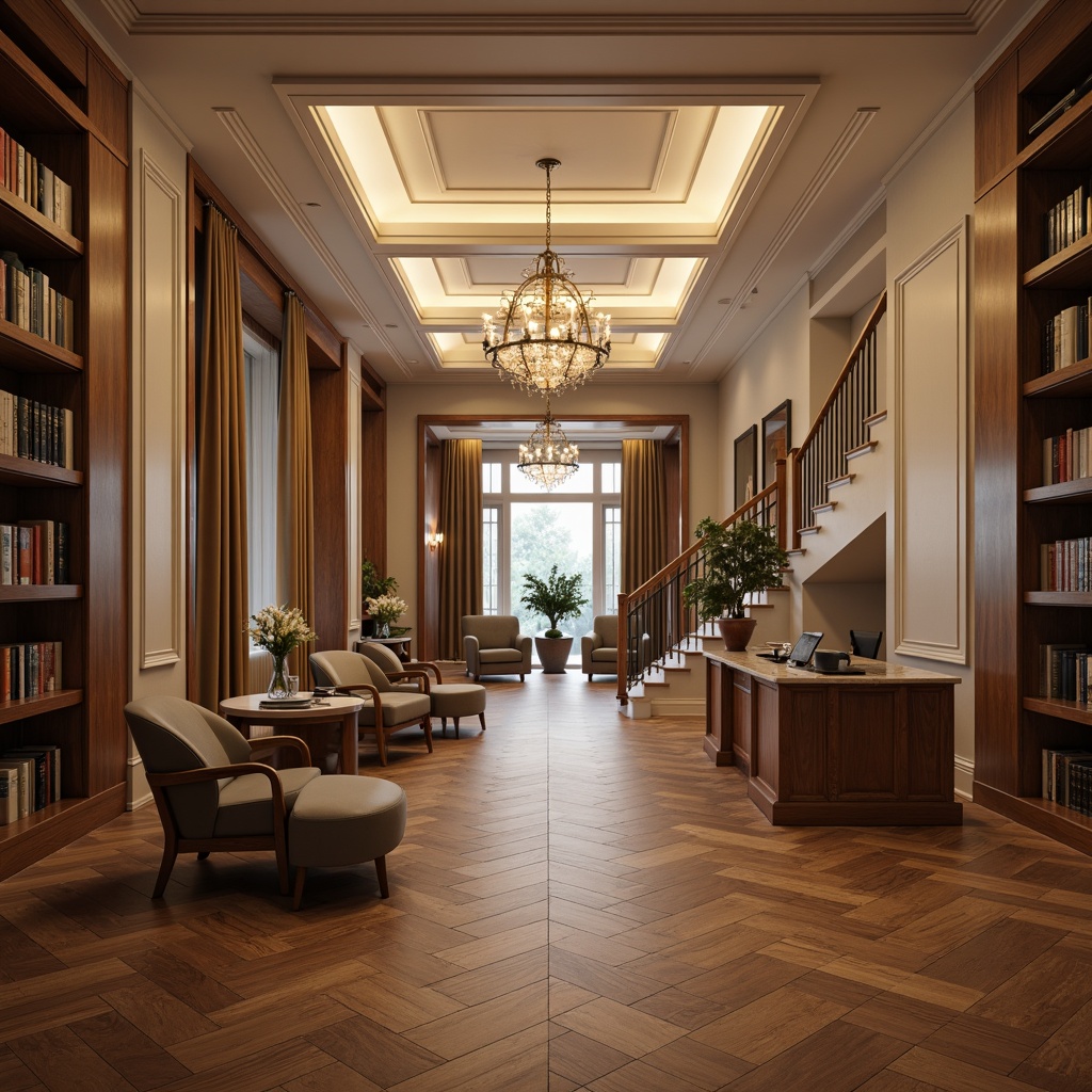 Prompt: Elegant office buildings, classical architectural style, grand entrance halls, sweeping staircases, polished wooden floors, ornate chandeliers, warm soft lighting, indirect cove lighting, LED strip lights, minimalist desks, leather office chairs, floor-to-ceiling bookshelves, neutral color palette, subtle textures, 1/2 composition, natural ambient lighting, realistic materials, detailed normal maps.