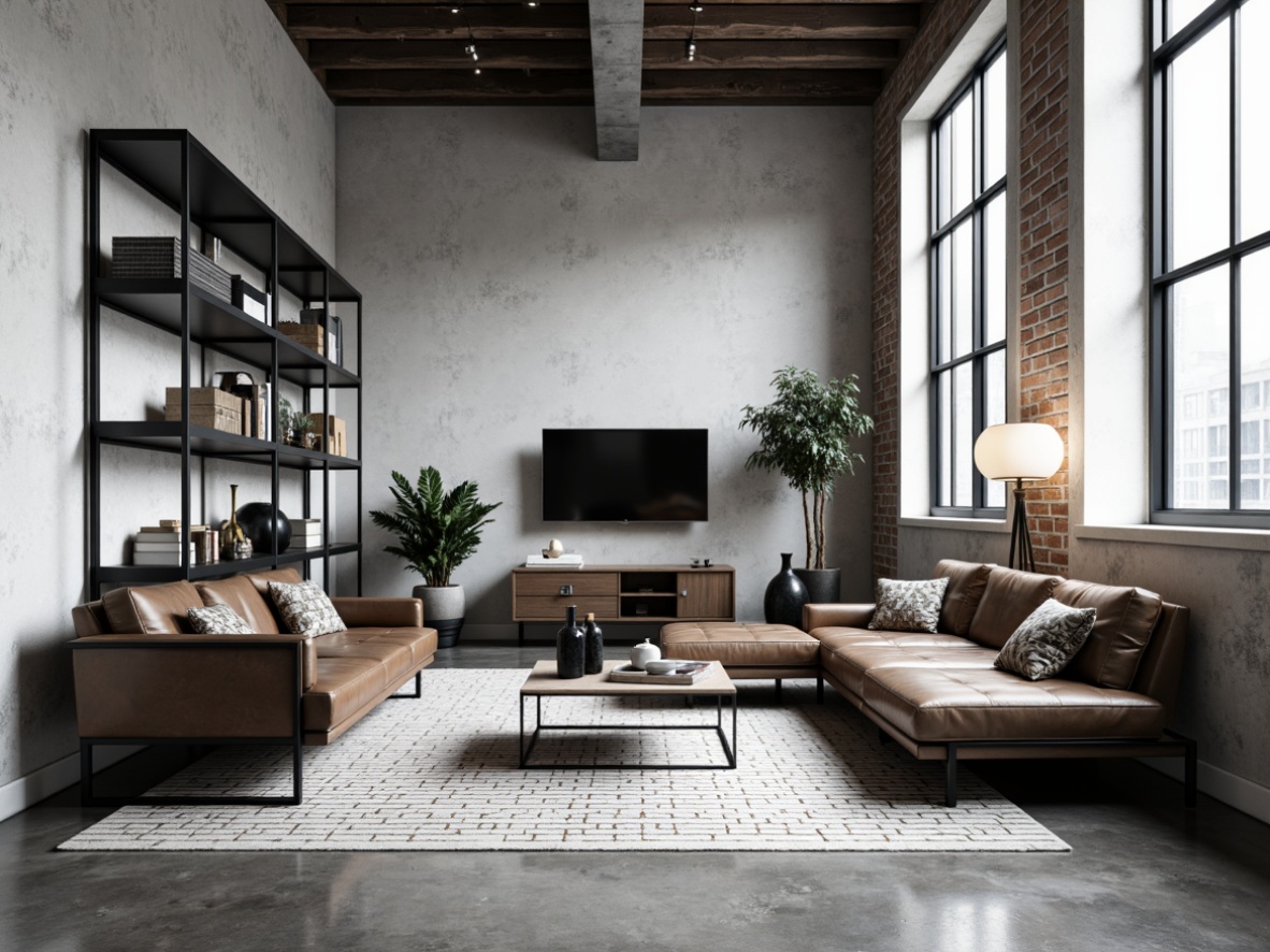 Prompt: Minimalist living room, industrial chic decor, steel frame chairs, leather upholstery, tubular metal tables, geometric patterned rugs, monochromatic color scheme, functional shelving units, sleek coffee tables, adjustable floor lamps, minimalist decorative objects, urban loft atmosphere, concrete floors, exposed brick walls, natural light pouring in, 1/1 composition, high contrast lighting, realistic textures, ambient occlusion.