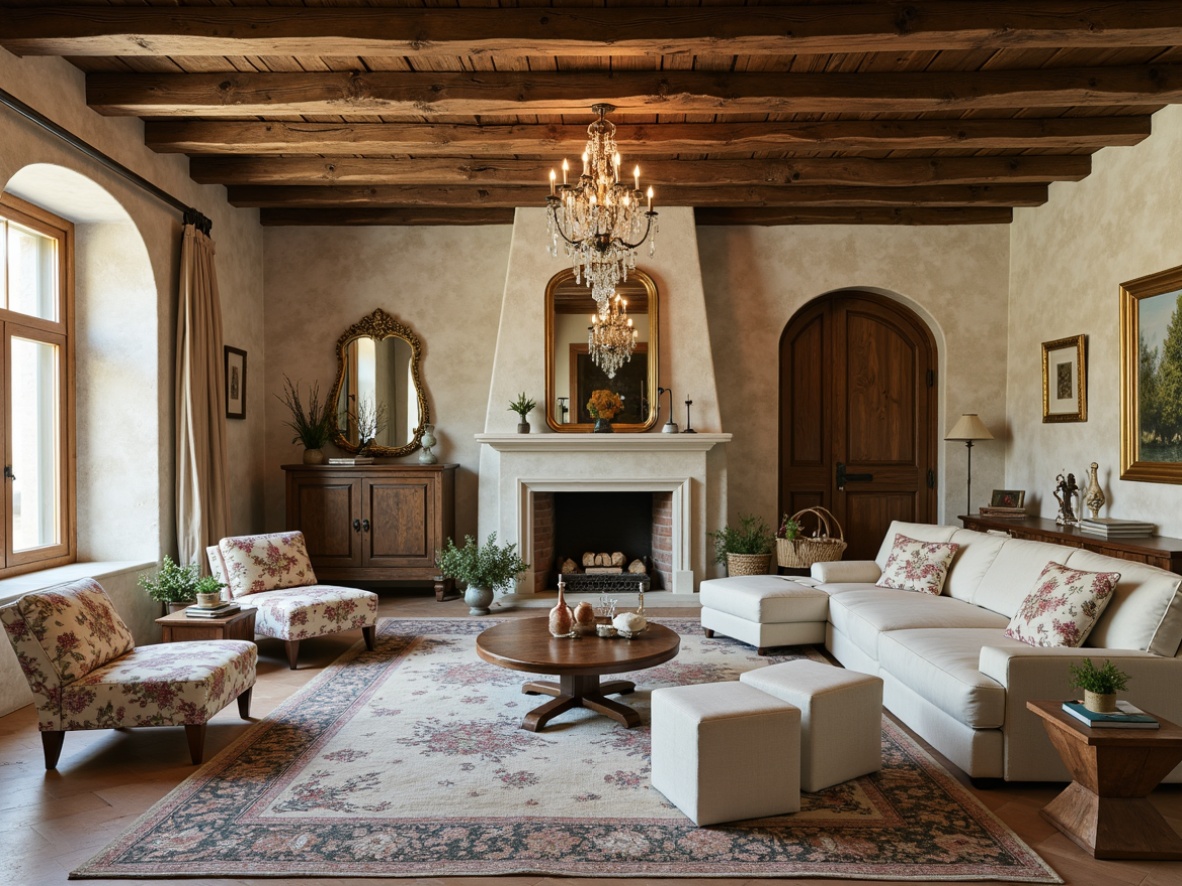 Prompt: Rustic French country estate, charming stone walls, distressed wood beams, soft warm lighting, vintage furniture, floral patterns, toile de Jouy fabrics, linen textiles, natural fibers, earthy tones, subtle embroidery, delicate lace trim, plush velvet upholstery, distressed leather accents, aged bronze hardware, whimsical ruffles, gentle folds, romantic draping, ornate mirrors, crystal chandeliers, warm beige walls, soft sage greenery, elegant gold accents.