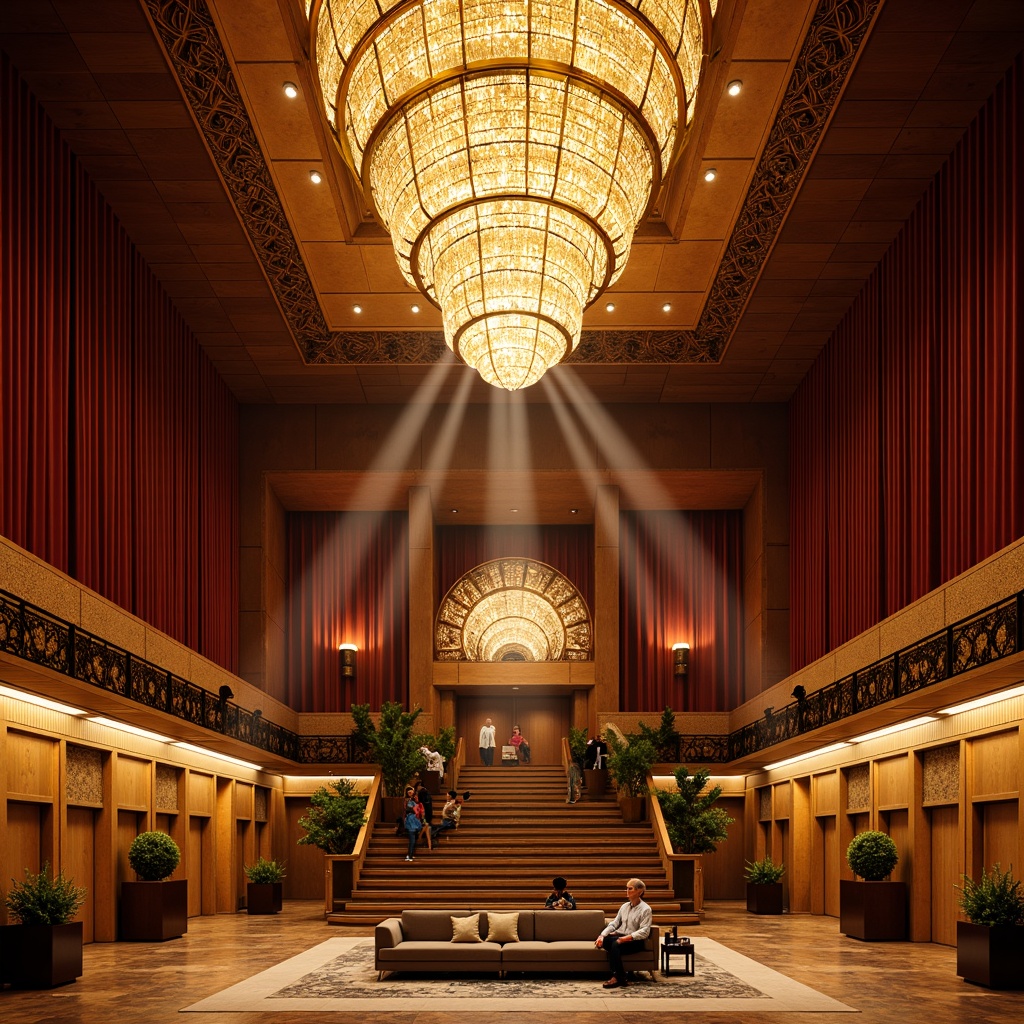 Prompt: Grand auditorium, ornate chandeliers, warm golden lighting, luxurious velvet curtains, rich wood paneling, intricate geometric patterns, ornamental metalwork, lavish decorative details, dramatic spotlights, soft warm glow, high ceiling, opulent furnishings, elegant staircases, majestic entrance hall, art deco architecture, symmetrical composition, subtle color palette, ambient occlusion, detailed textures.