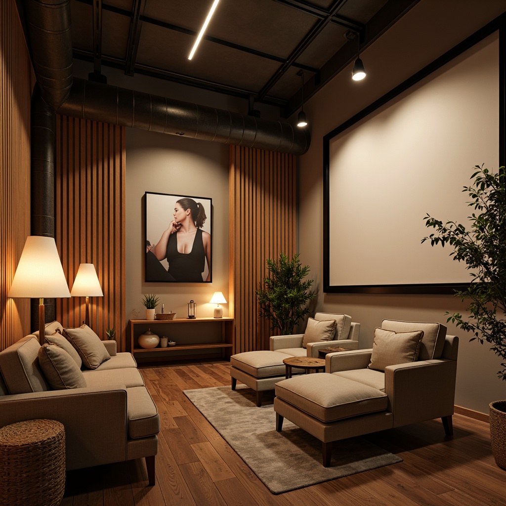 Prompt: Cozy Scandinavian cinema, wooden accents, minimalist decor, soft warm lighting, table lamps, floor lamps, ambient glow, Nordic-inspired textiles, natural materials, earthy color palette, cinematic screens, comfortable seating, plush armchairs, rustic wood floors, industrial metal beams, exposed brick walls, intimate atmosphere, warm beige tones, creamy whites, atmospheric misting, 1/1 composition, shallow depth of field, realistic renderings.