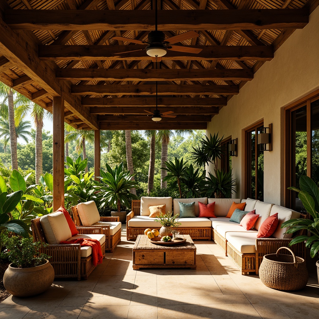 Prompt: Warm tropical ambiance, lush greenery, natural materials, woven rattan furniture, vibrant colorful textiles, exotic wood accents, soft warm lighting, subtle shadows, 3/4 composition, shallow depth of field, realistic textures, ambient occlusion, rustic wooden crates, wicker baskets, earthy tone walls, ceiling fans, pendant lamps, warm beige floors, tropical fruit displays, refreshing water features, misting systems.