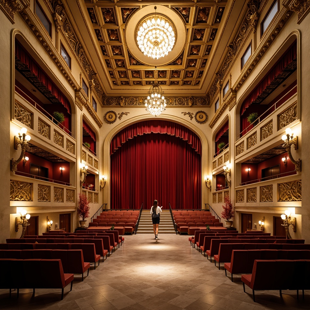 Prompt: Luxurious auditorium, ornate details, Art Deco patterns, golden accents, intricate moldings, ornamental railings, lavish chandeliers, plush red velvet curtains, decorative ceiling medallions, grand staircase, polished marble floors, geometric shapes, metallic materials, opulent furnishings, dramatic lighting, warm color palette, soft focus, shallow depth of field, 2/3 composition, symmetrical framing.