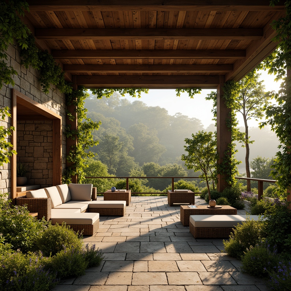 Prompt: Rustic pavilion, wooden beams, natural stone walls, earthy color palette, lush greenery, vines crawling, wildflowers blooming, soft warm lighting, shallow depth of field, 3/4 composition, panoramic view, realistic textures, ambient occlusion, serene forest surroundings, misty morning atmosphere, gentle breeze, open airiness, casual seating areas, natural fabric canopies, woven rattan furniture, earthy scent, organic forms, free-flowing water features.