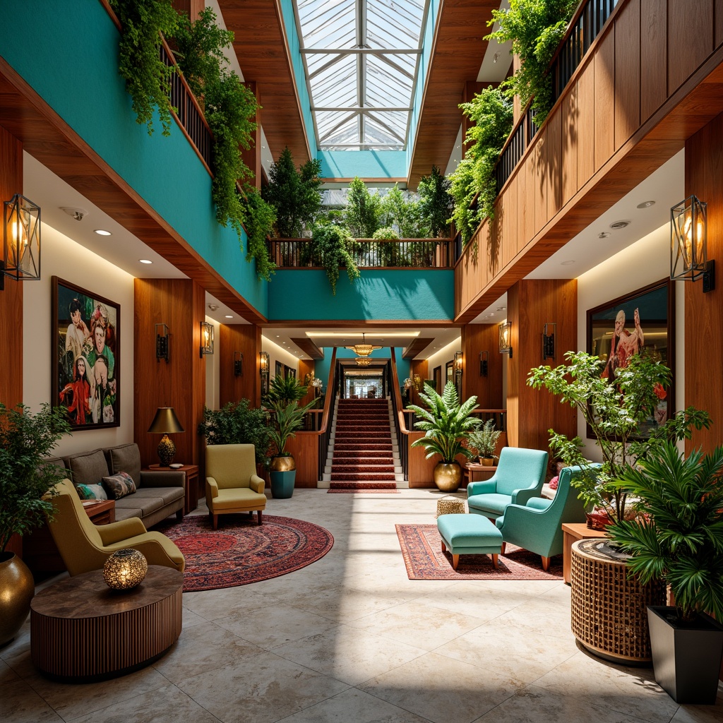 Prompt: Vibrant hotel lobby, rich wood accents, bold turquoise walls, warm golden lighting, plush velvet furnishings, ornate metallic fixtures, whimsical patterned rugs, eclectic artwork, grandiose chandeliers, majestic staircases, lavish drapery, opulent marble floors, tropical plant arrangements, exotic flowers, sunny atrium, soft focus photography, 1/2 composition, atmospheric perspective.