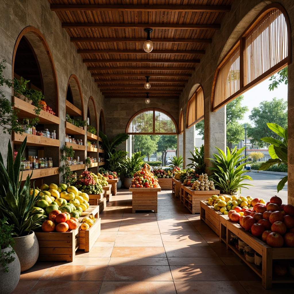 Prompt: Vibrant tropical grocery store, exotic fruit displays, natural stone flooring, earthy tones, terracotta tiles, woven bamboo accents, lush greenery, wooden shelves, rattan baskets, colorful ceramic tiles, warm ambiance, soft overhead lighting, shallow depth of field, 1/1 composition, realistic textures, ambient occlusion.