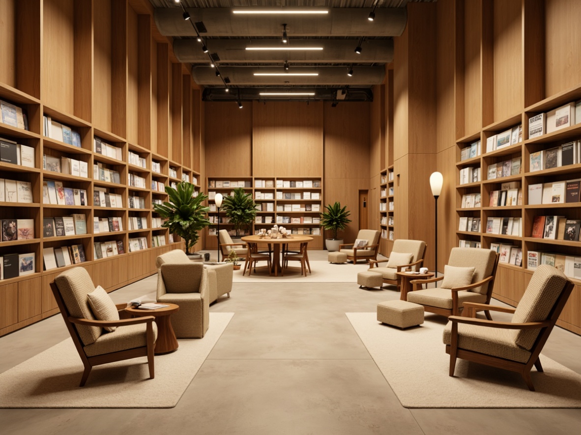 Prompt: Minimalist bookstore interior, warm beige walls, polished wooden shelves, modern metal racks, cozy reading nooks, comfortable armchairs, elegant floor lamps, soft warm lighting, indirect LED lights, subtle shadows, clean lines, Scandinavian-inspired design, neutral color palette, natural wood textures, minimalist decorative accents, calm atmosphere, inviting ambiance, 1/2 composition, shallow depth of field, realistic render.