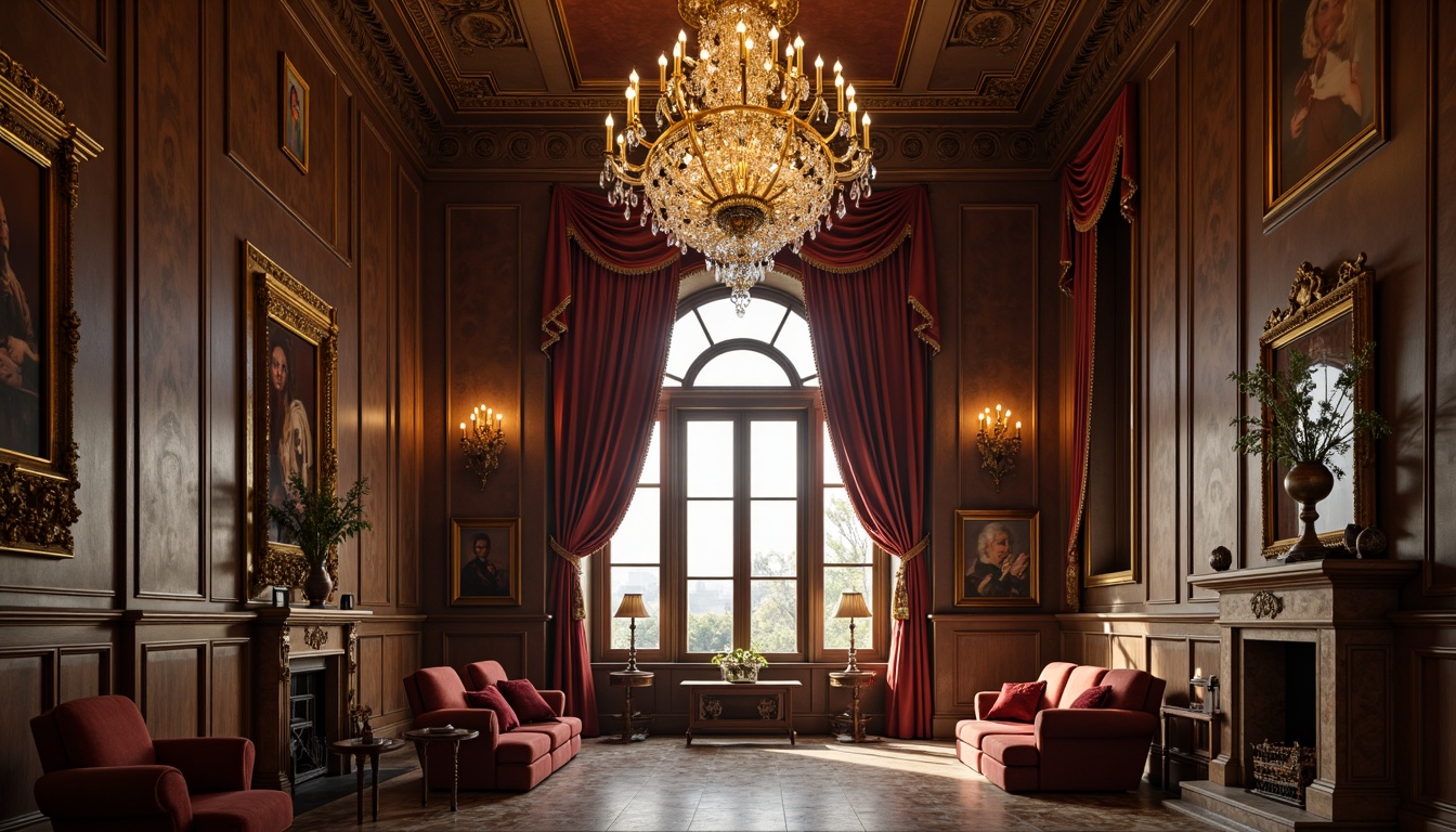 Prompt: Grand chandelier, ornate metalwork, crystal droplets, soft warm glow, luxurious drapery, velvet upholstery, wooden paneling, marble flooring, high ceilings, arched windows, intricate moldings, gilded accents, symmetrical composition, Renaissance-inspired patterns, subtle shadowing, gentle lighting transitions, 1/1 aspect ratio, shallow depth of field.