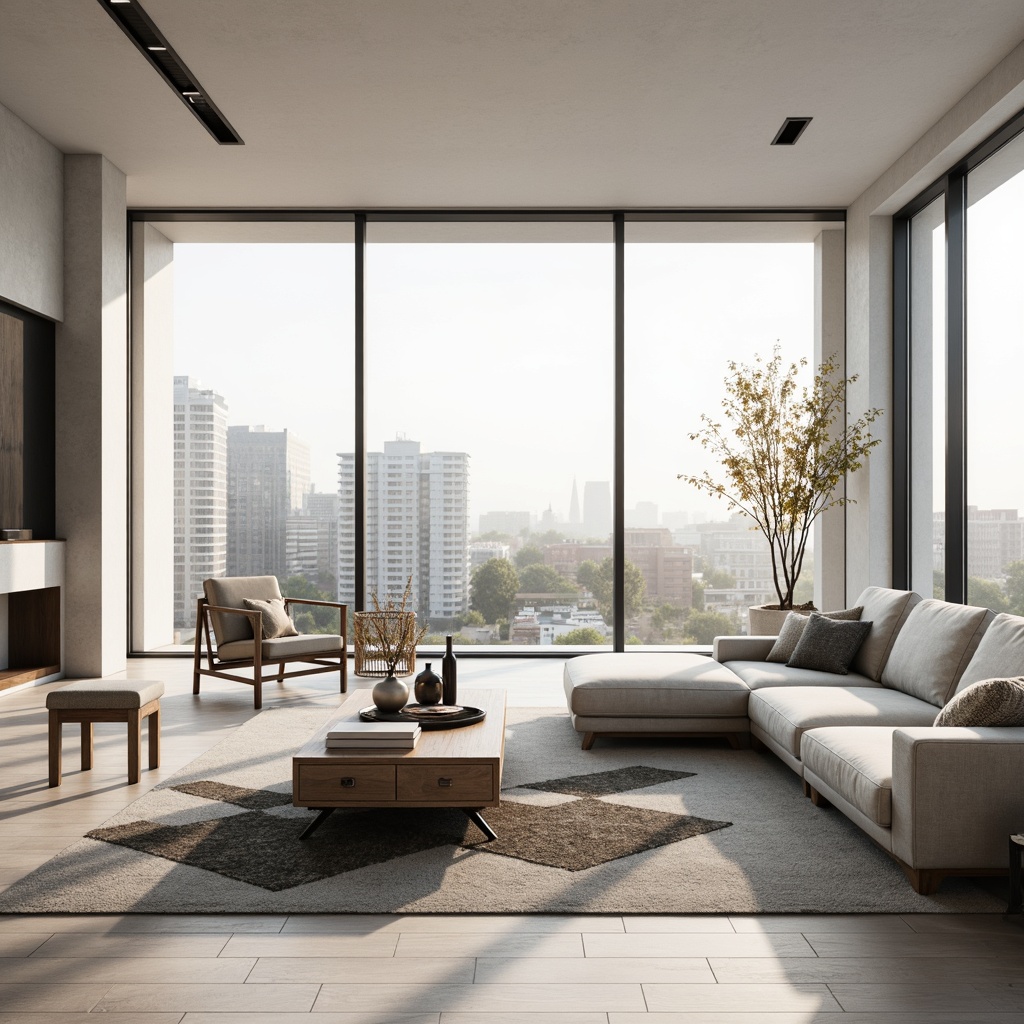 Prompt: Clean-lined living room, monochromatic color scheme, sleek low-profile sofa, minimalist coffee table, geometric-patterned rug, floor-to-ceiling windows, abundant natural light, subtle textures, industrial-chic metal accents, sparse decorative objects, elegant simplicity, Scandinavian-inspired design, airy atmosphere, soft warm lighting, shallow depth of field, 2/3 composition, realistic render.